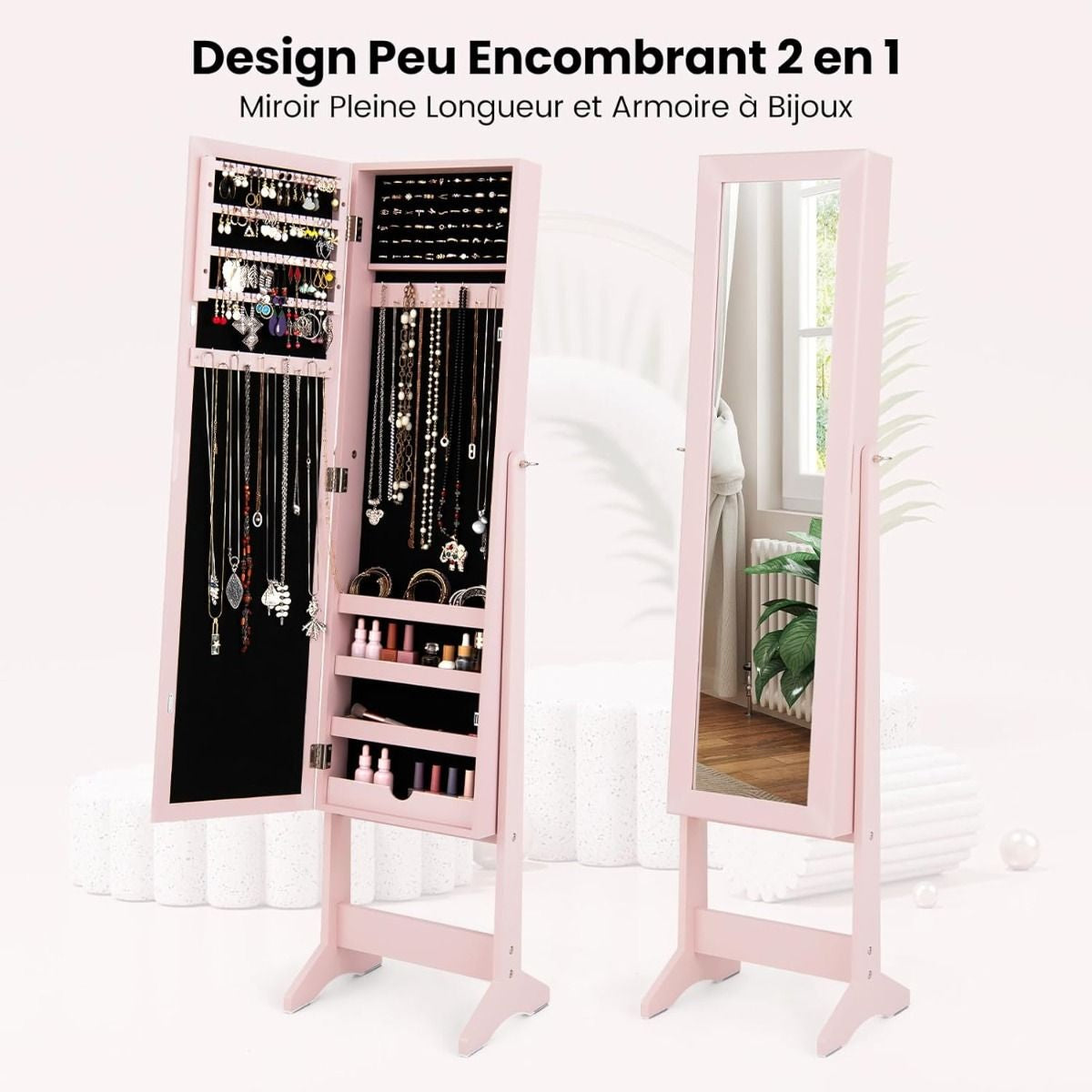 Armoire À Bijoux Sur Pied Avec Miroir Coffre À Bijoux Armoire De Rangement Cosmétiques 3 Positions Réglables 7 Couleurs Au Choix