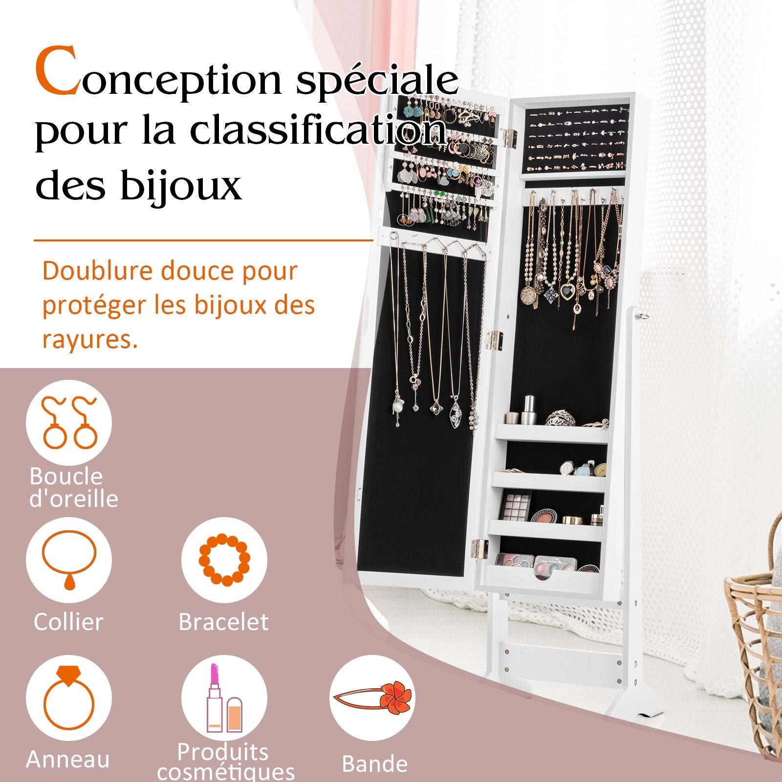 Armoire À Bijoux Sur Pied Avec Miroir Coffre À Bijoux Armoire De Rangement Cosmétiques 3 Positions Réglables 7 Couleurs Au Choix