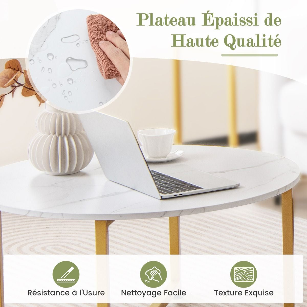 Ensemble De Tables Basses 3 Pièces Table Ronde Et 2 Tables D'Appoint Carrées Avec Cadre En Métal Robuste Noyer/Blanc/Gris