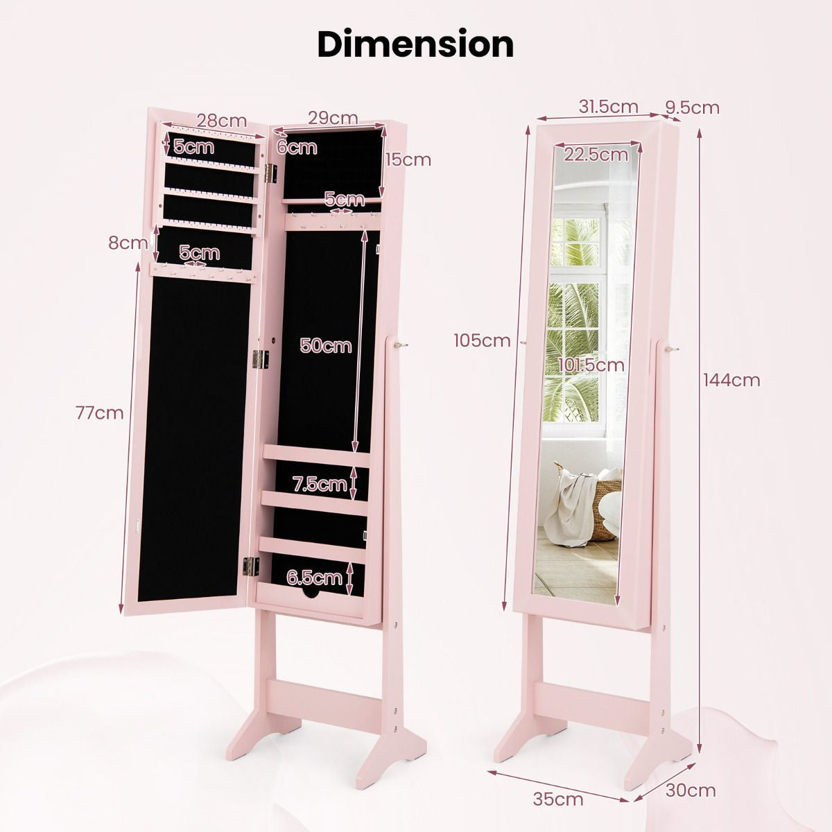 Armoire À Bijoux Sur Pied Avec Miroir Coffre À Bijoux Armoire De Rangement Cosmétiques 3 Positions Réglables 7 Couleurs Au Choix