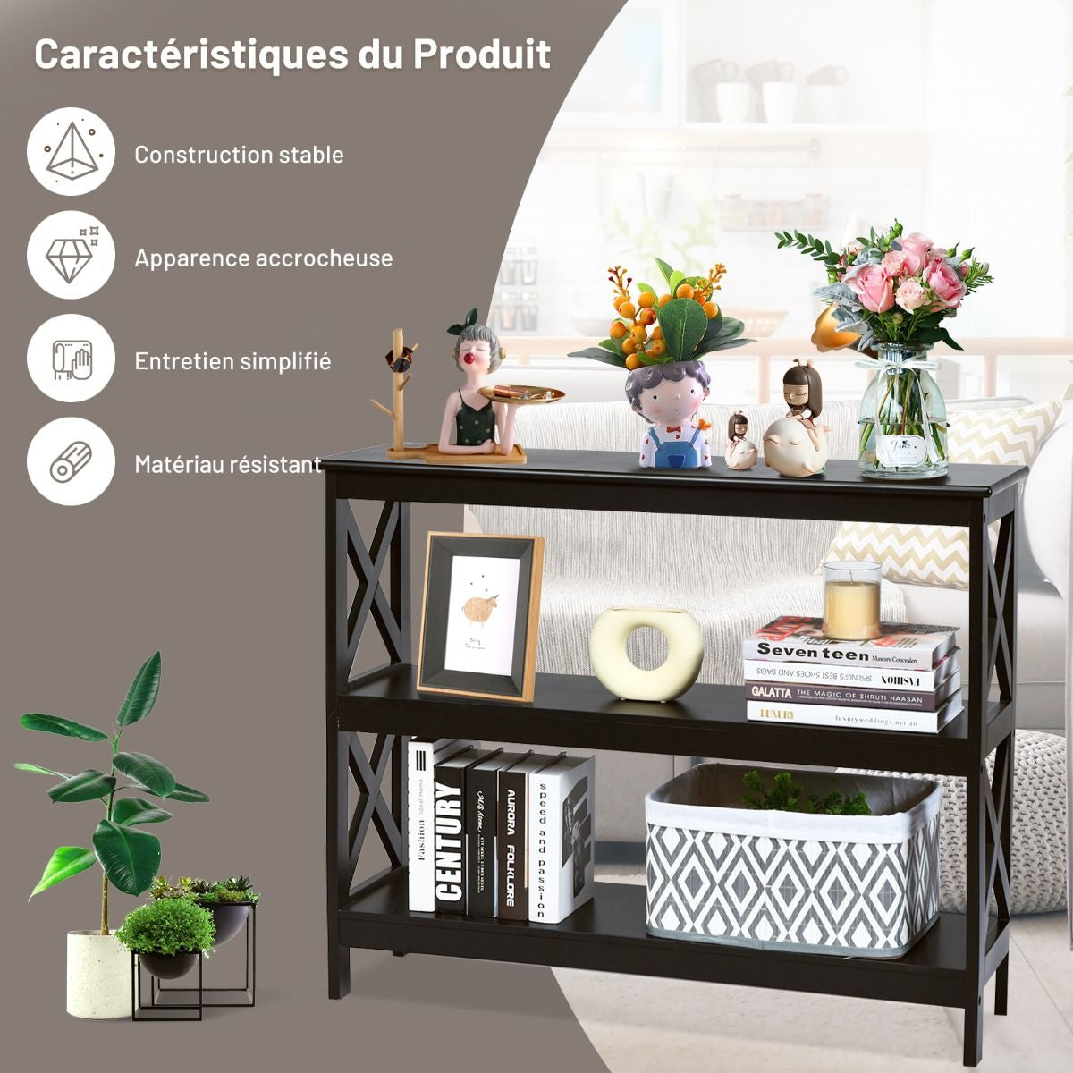 Table Console Table De Canapé Style Industriel 100 X 33 X 80 CM Avec 2 Étagère De Rangement Blanc/Noir/Café