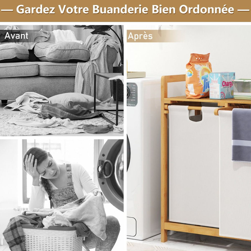 Panier À Linge Sur Pied En Bambou 64 X 33 X 73 CM Avec 2 Sacs À Linge Sale Poignées Et Étagère Supérieure Naturel/Blanc