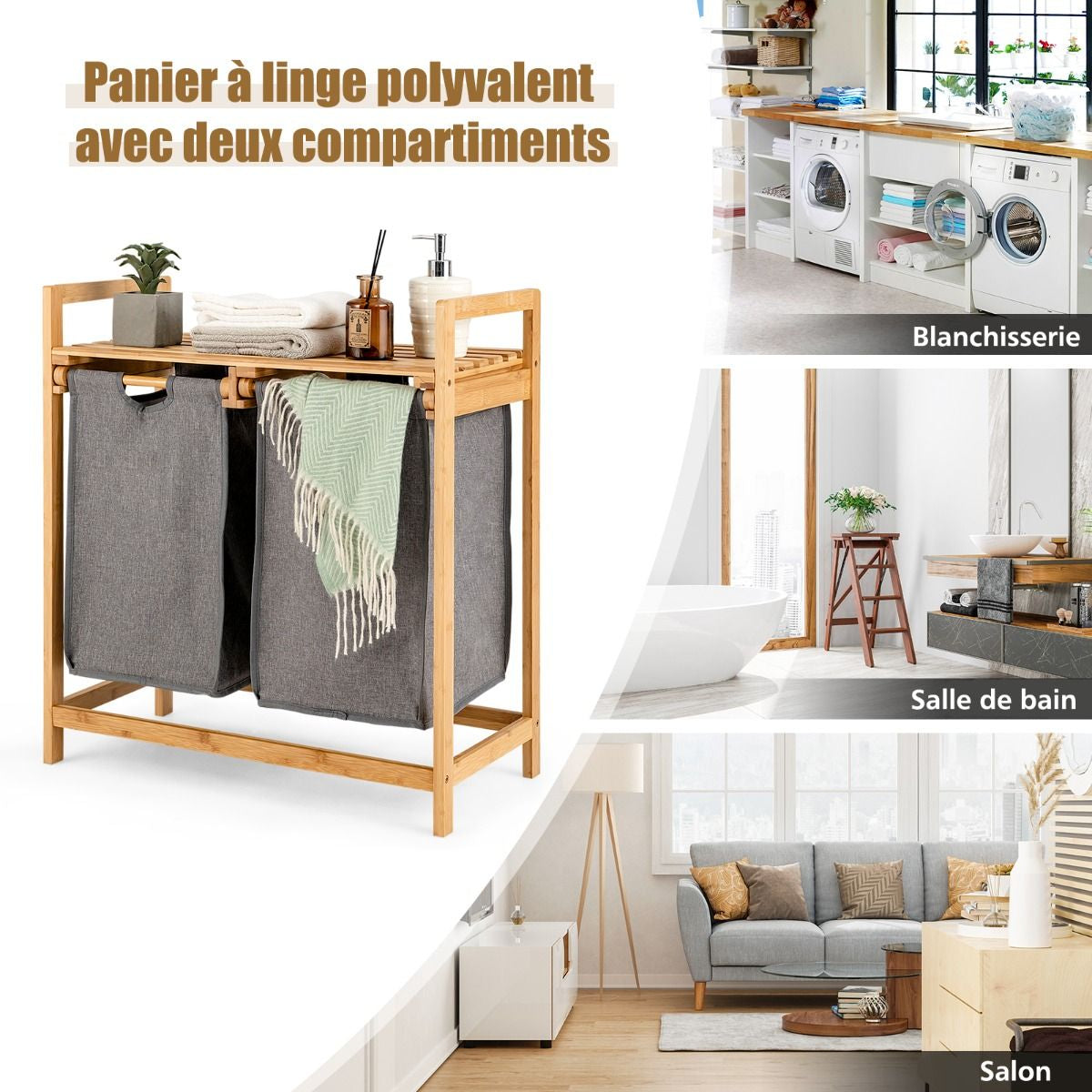 Panier À Linge Sur Pied En Bambou 64 X 33 X 73 CM Avec 2 Sacs À Linge Sale Poignées Et Étagère Supérieure Naturel/Blanc