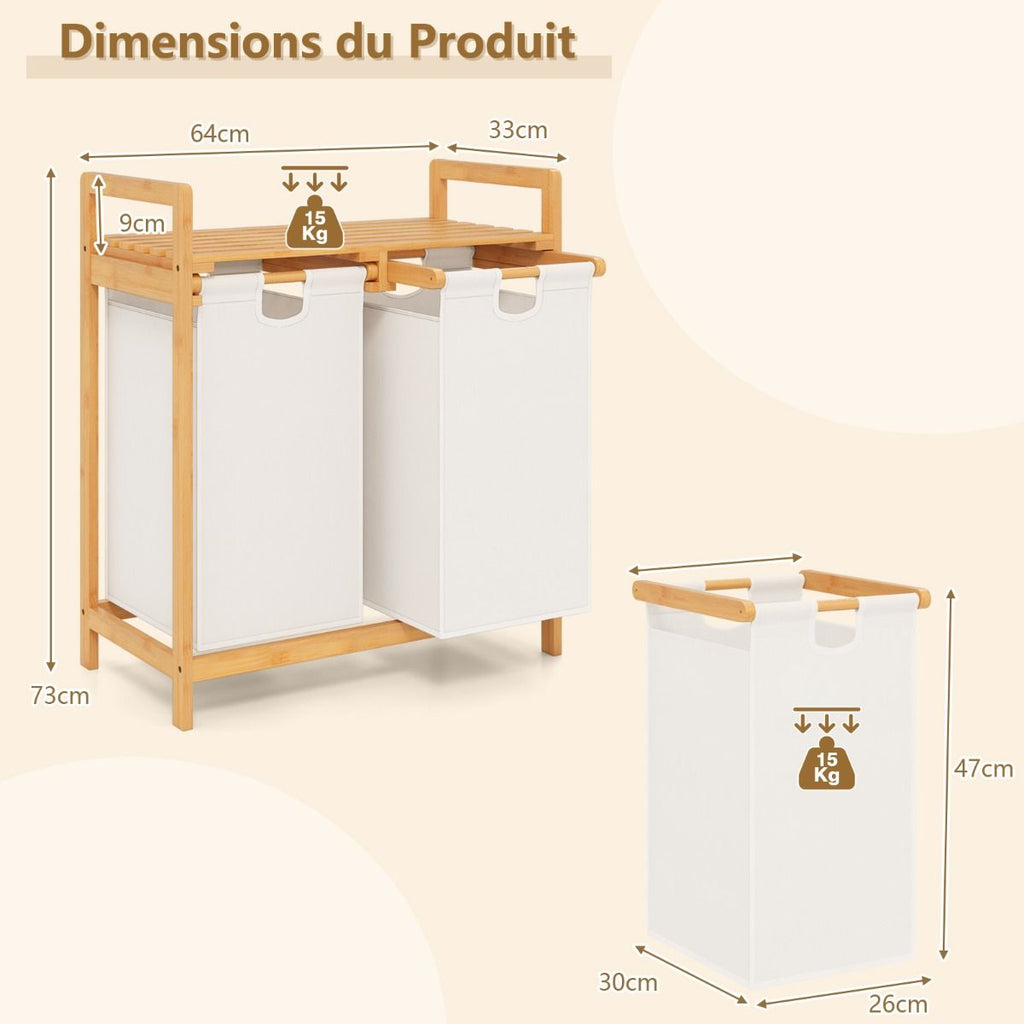 Panier À Linge Sur Pied En Bambou 64 X 33 X 73 CM Avec 2 Sacs À Linge Sale Poignées Et Étagère Supérieure Naturel/Blanc
