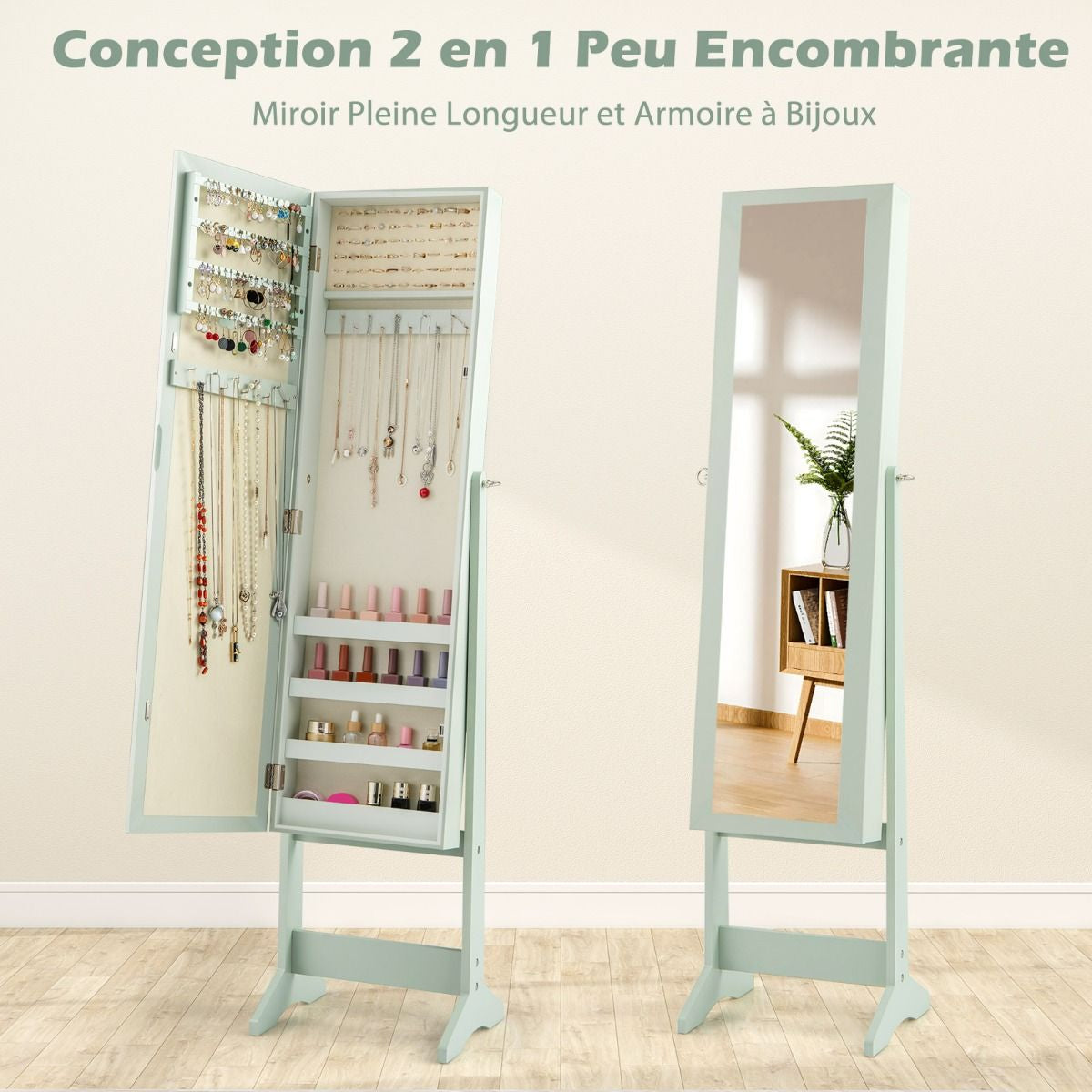 Armoire À Bijoux Sur Pied Avec Miroir Coffre À Bijoux Armoire De Rangement Cosmétiques 3 Positions Réglables 7 Couleurs Au Choix