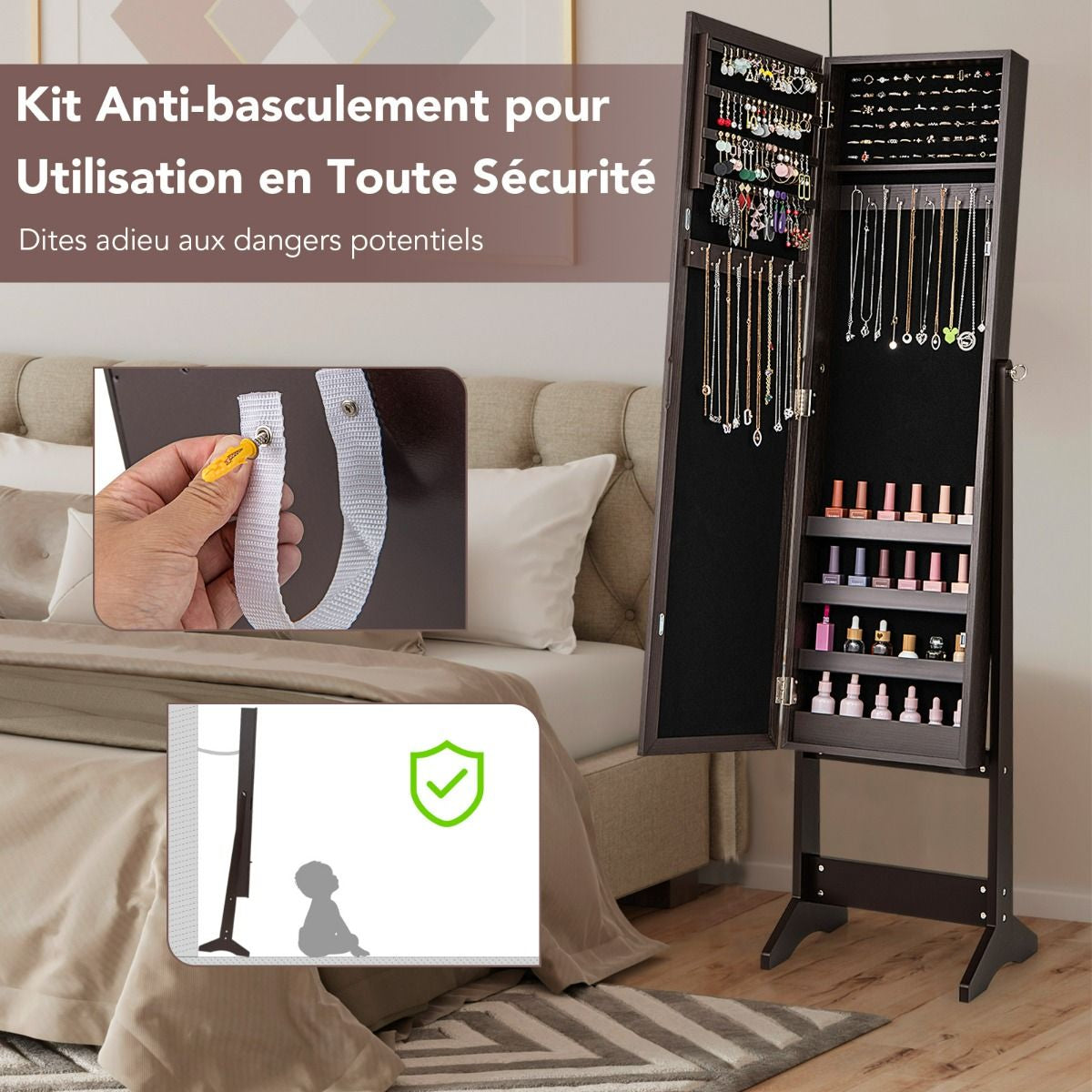 Armoire À Bijoux Sur Pied Avec Miroir Coffre À Bijoux Armoire De Rangement Cosmétiques 3 Positions Réglables 7 Couleurs Au Choix