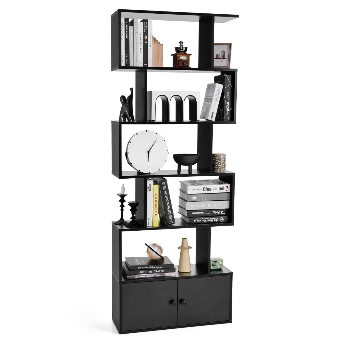 Bibliothèque Étagère Échelle En Bois À 6 Niveaux Avec 2 Portes 70X23X183 Cm Style Moderne Forme En S Marron Rustique/Blanc/Noir