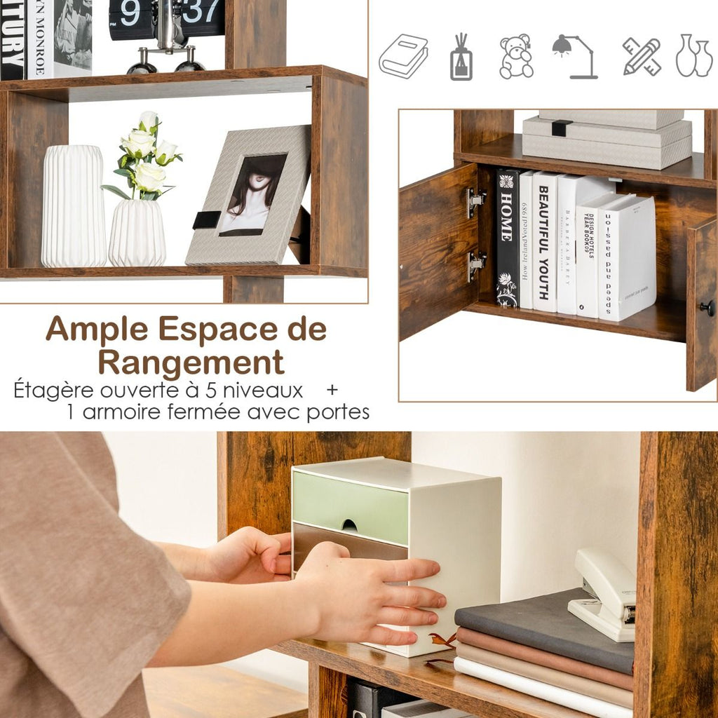 Bibliothèque Étagère Échelle En Bois À 6 Niveaux Avec 2 Portes 70X23X183 Cm Style Moderne Forme En S Marron Rustique/Blanc/Noir