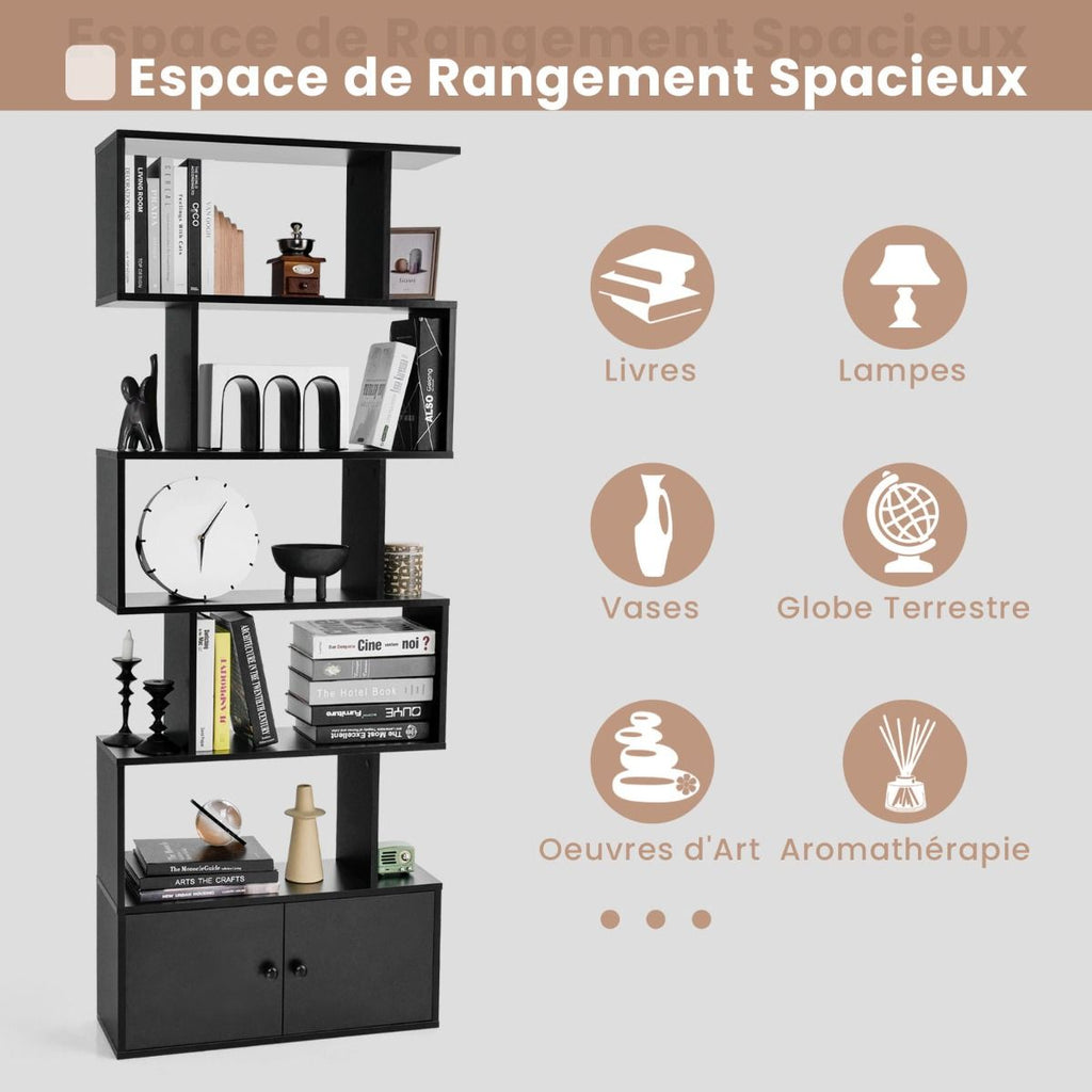 Bibliothèque Étagère Échelle En Bois À 6 Niveaux Avec 2 Portes 70X23X183 Cm Style Moderne Forme En S Marron Rustique/Blanc/Noir