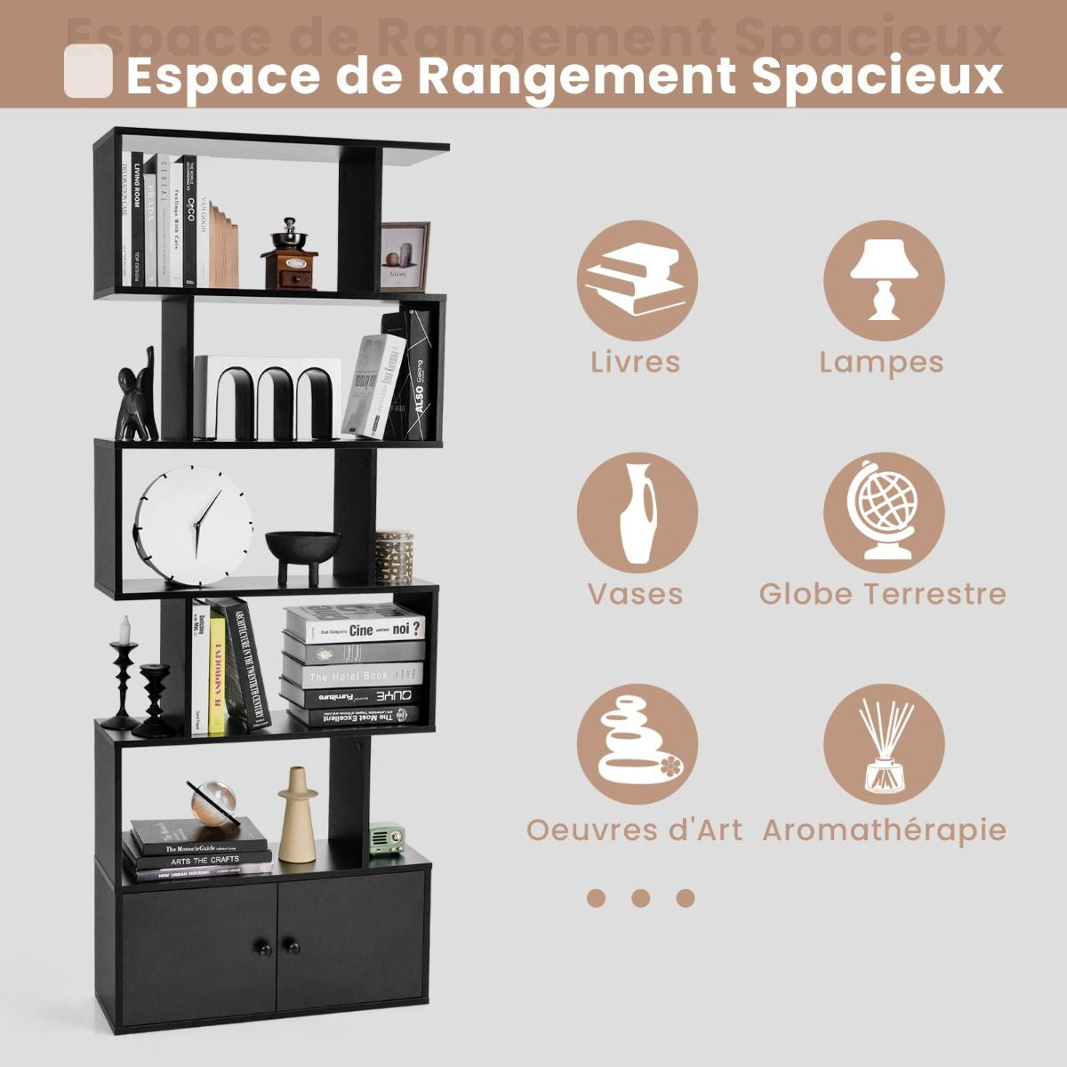 Bibliothèque Étagère Échelle En Bois À 6 Niveaux Avec 2 Portes 70X23X183 Cm Style Moderne Forme En S Marron Rustique/Blanc/Noir