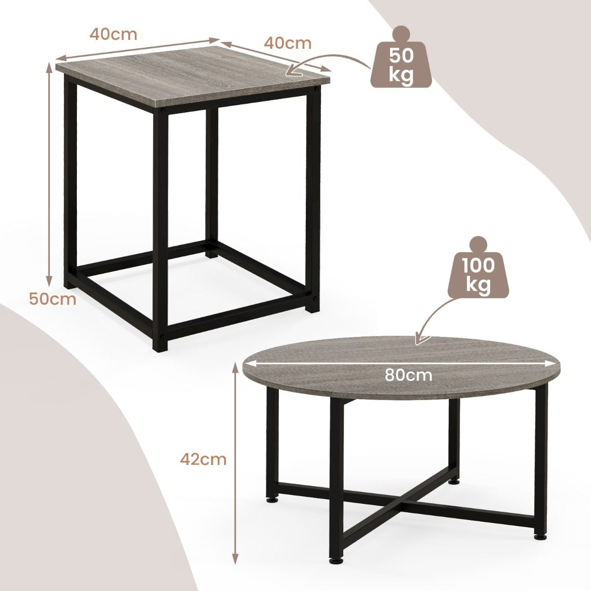 Ensemble De Tables Basses 3 Pièces Table Ronde Et 2 Tables D'Appoint Carrées Avec Cadre En Métal Robuste Noyer/Blanc/Gris