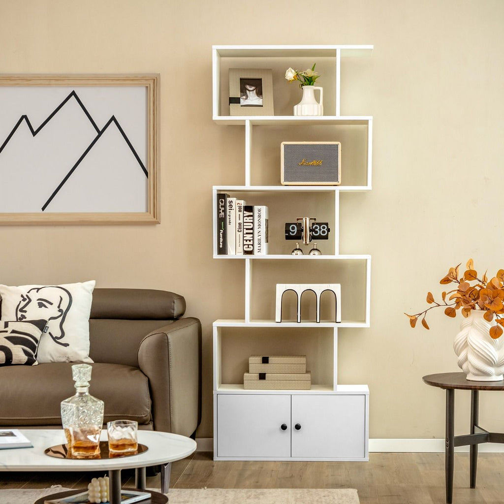 Bibliothèque Étagère Échelle En Bois À 6 Niveaux Avec 2 Portes 70X23X183 Cm Style Moderne Forme En S Marron Rustique/Blanc/Noir
