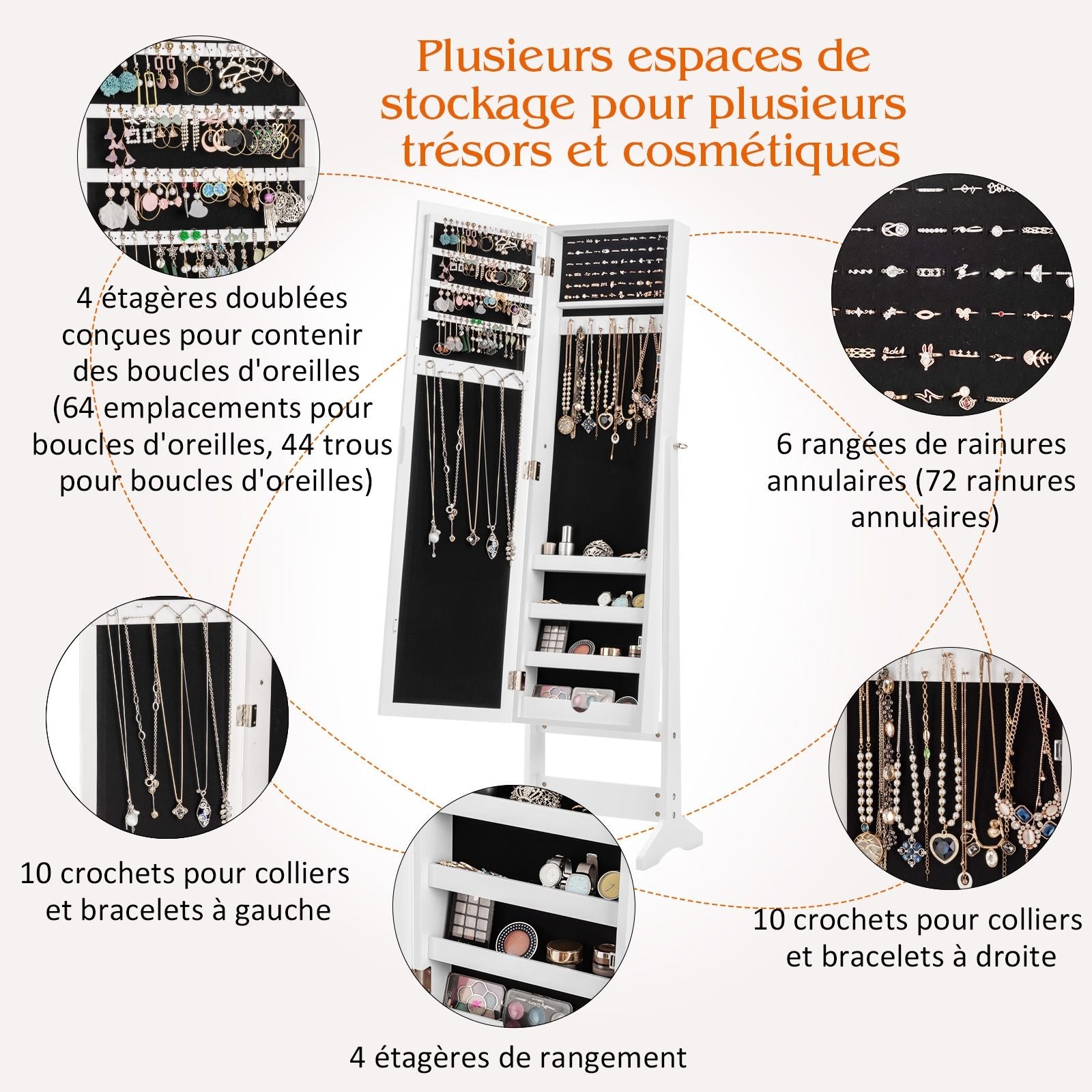 Armoire À Bijoux Sur Pied Avec Miroir Coffre À Bijoux Armoire De Rangement Cosmétiques 3 Positions Réglables 7 Couleurs Au Choix