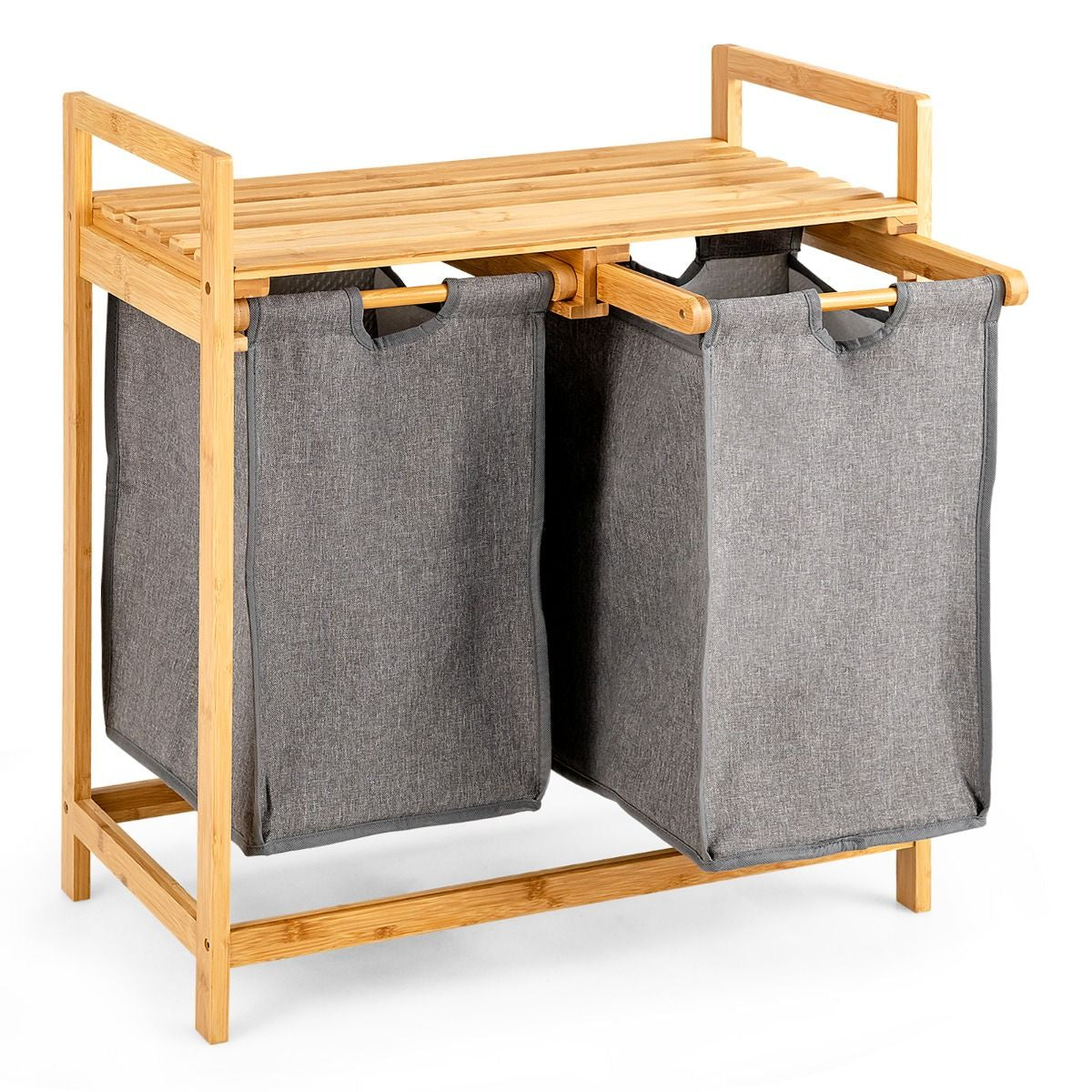 Panier À Linge Sur Pied En Bambou 64 X 33 X 73 CM Avec 2 Sacs À Linge Sale Poignées Et Étagère Supérieure Naturel/Blanc