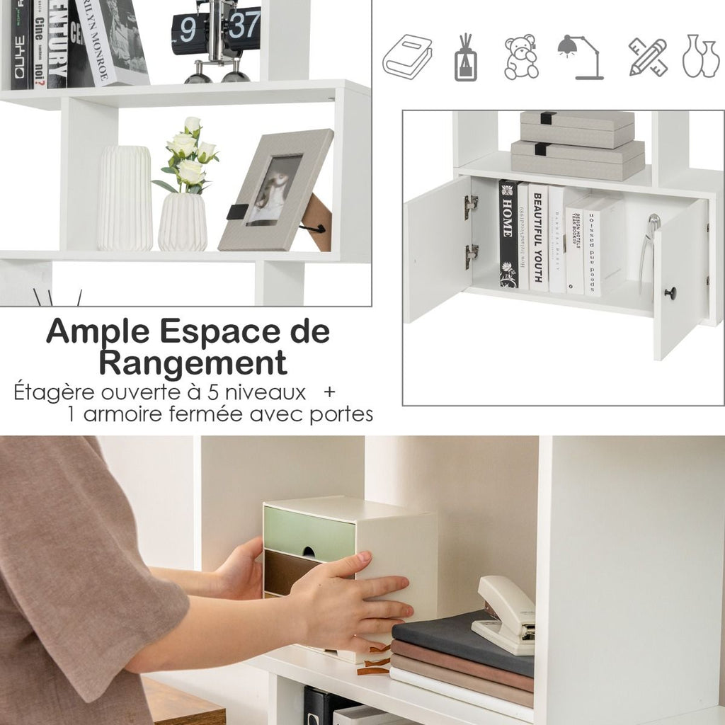 Bibliothèque Étagère Échelle En Bois À 6 Niveaux Avec 2 Portes 70X23X183 Cm Style Moderne Forme En S Marron Rustique/Blanc/Noir