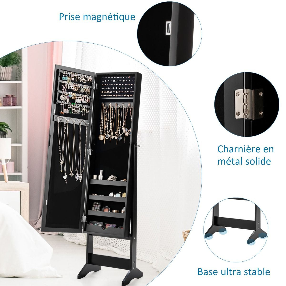 Armoire À Bijoux Sur Pied Avec Miroir Coffre À Bijoux Armoire De Rangement Cosmétiques 3 Positions Réglables 7 Couleurs Au Choix