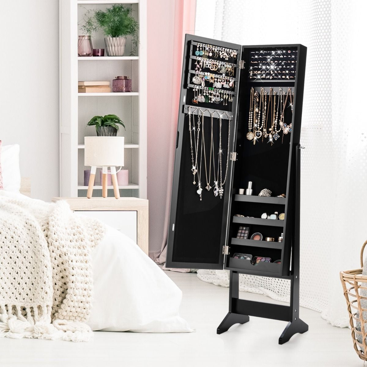 Armoire À Bijoux Sur Pied Avec Miroir Coffre À Bijoux Armoire De Rangement Cosmétiques 3 Positions Réglables 7 Couleurs Au Choix