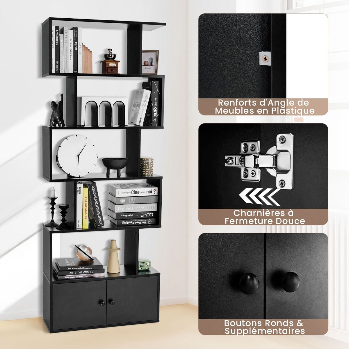 Bibliothèque Étagère Échelle En Bois À 6 Niveaux Avec 2 Portes 70X23X183 Cm Style Moderne Forme En S Marron Rustique/Blanc/Noir