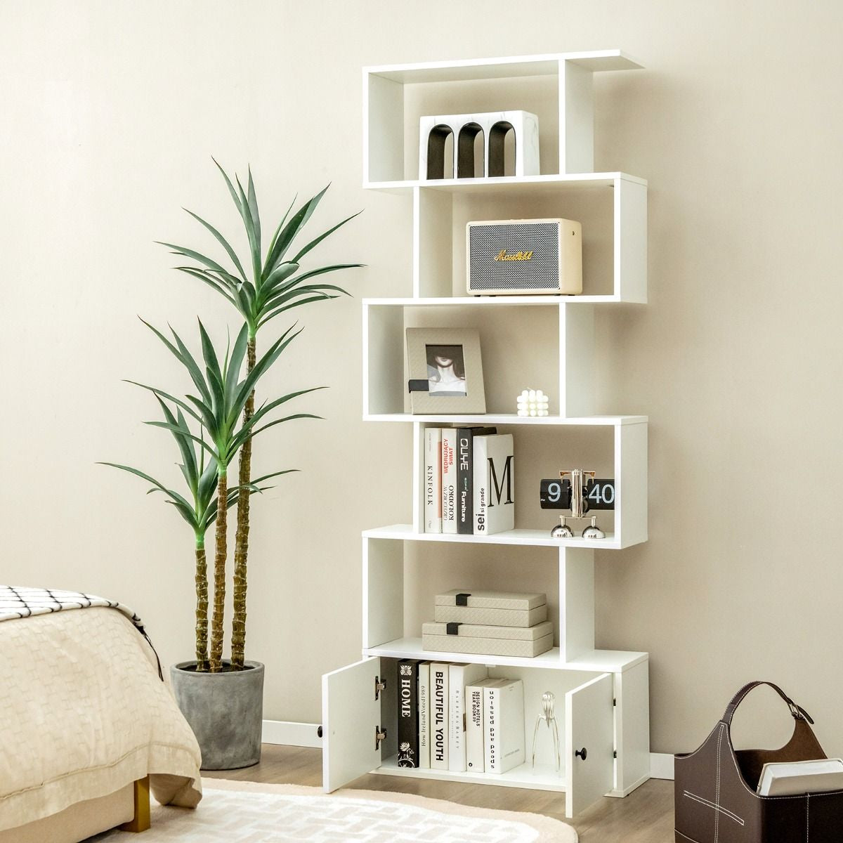 Bibliothèque Étagère Échelle En Bois À 6 Niveaux Avec 2 Portes 70X23X183 Cm Style Moderne Forme En S Marron Rustique/Blanc/Noir