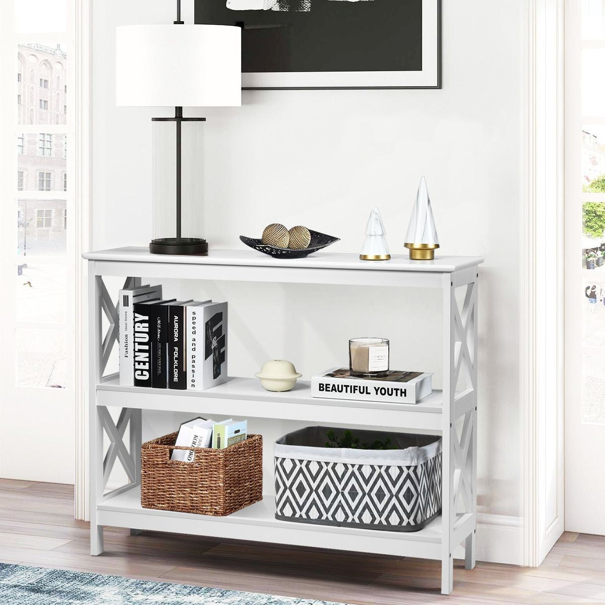 Table Console Table De Canapé Style Industriel 100 X 33 X 80 CM Avec 2 Étagère De Rangement Blanc/Noir/Café