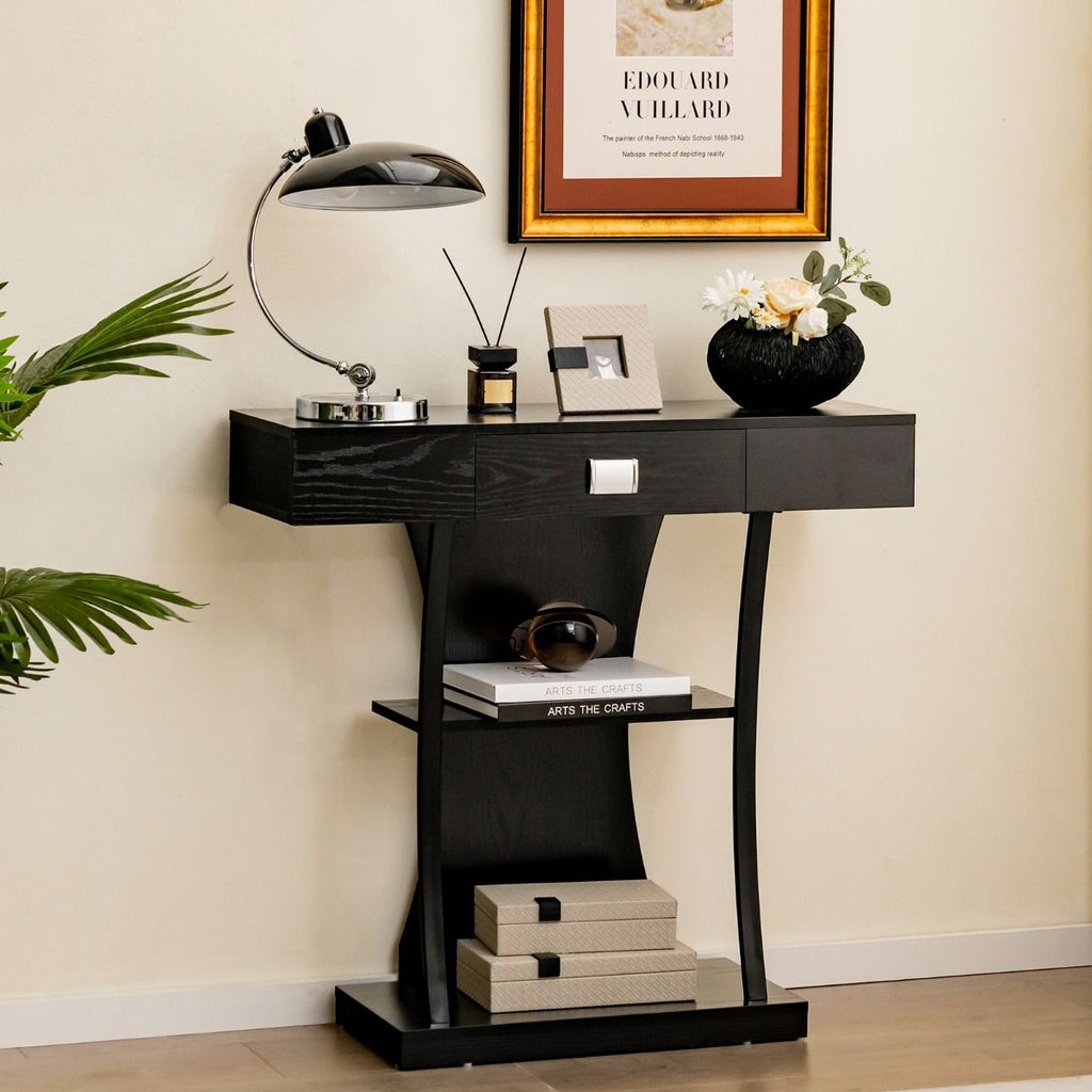 Table Console 3 Étagères Meuble D'Entrée L91 X P30 X H88 Style Scandinave Dispositif Anti-Renversement Brun Rustique/Noir/Gris