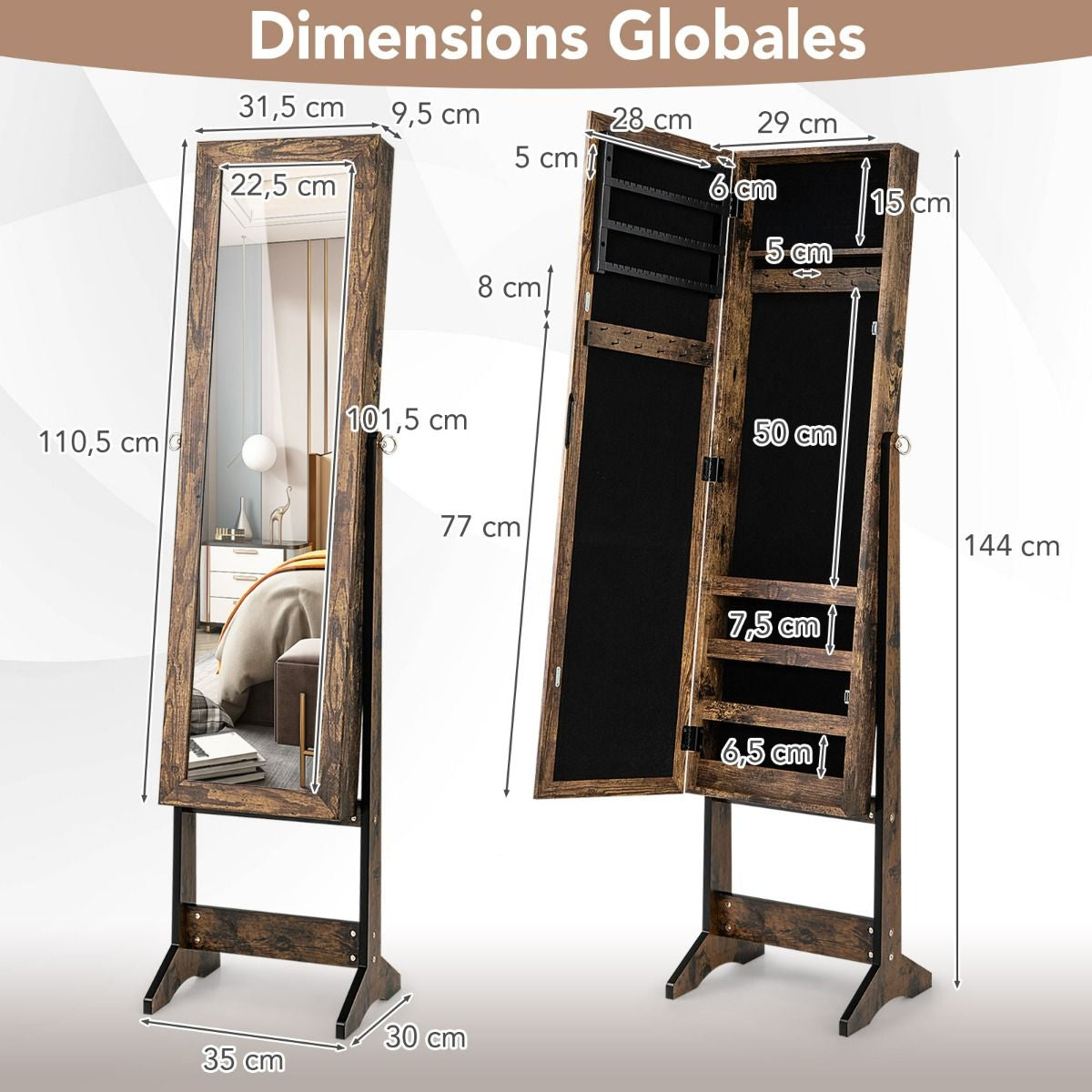 Armoire À Bijoux Sur Pied Avec Miroir Coffre À Bijoux Armoire De Rangement Cosmétiques 3 Positions Réglables 7 Couleurs Au Choix