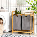 Panier À Linge Sur Pied En Bambou 64 X 33 X 73 CM Avec 2 Sacs À Linge Sale Poignées Et Étagère Supérieure Naturel/Blanc
