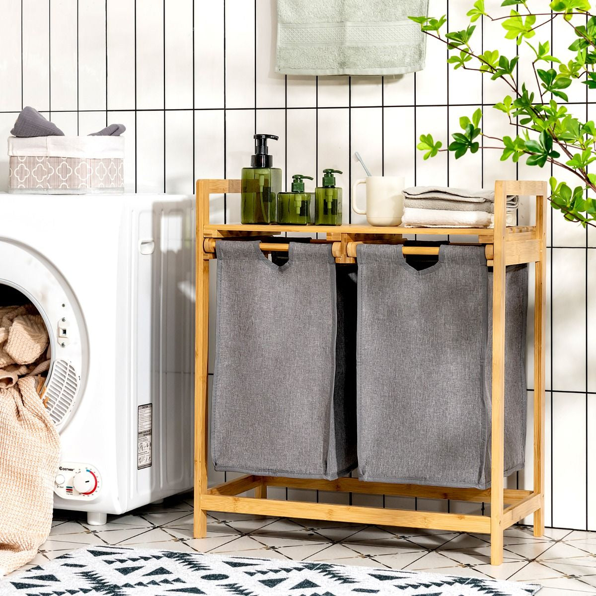 Panier À Linge Sur Pied En Bambou 64 X 33 X 73 CM Avec 2 Sacs À Linge Sale Poignées Et Étagère Supérieure Naturel/Blanc