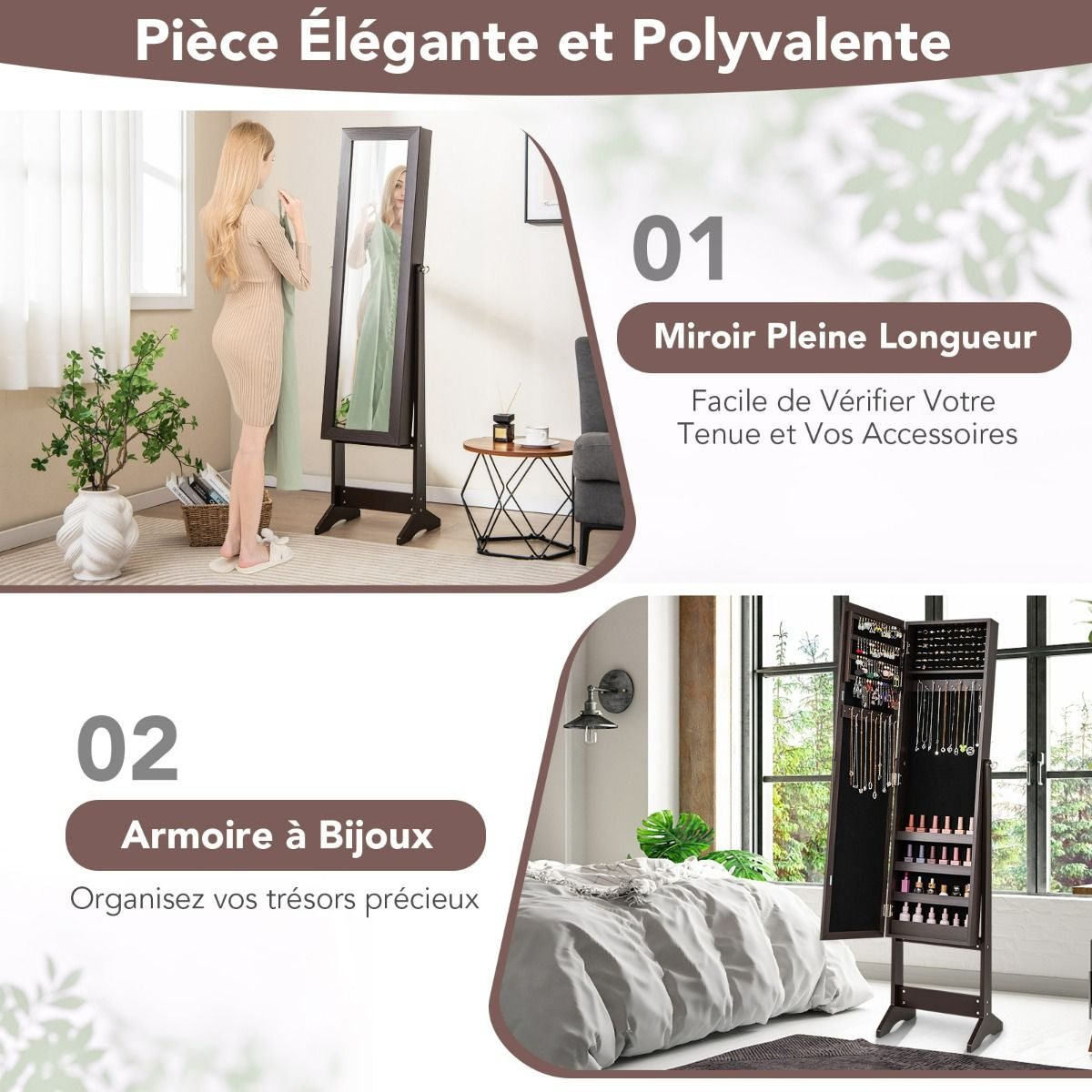 Armoire À Bijoux Sur Pied Avec Miroir Coffre À Bijoux Armoire De Rangement Cosmétiques 3 Positions Réglables 7 Couleurs Au Choix