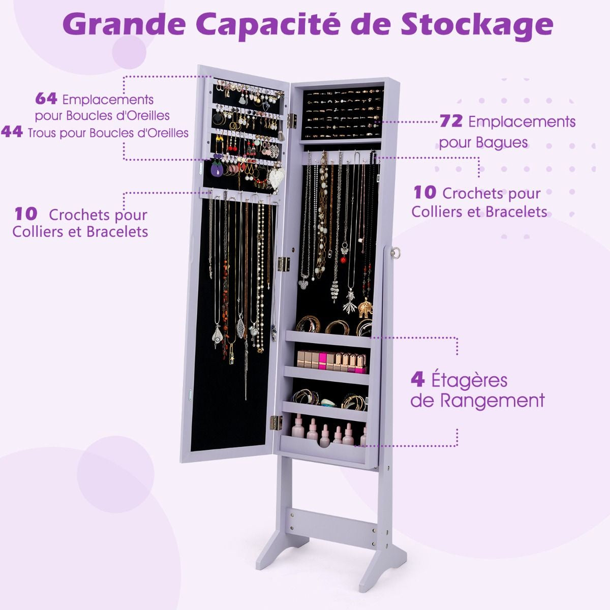 Armoire À Bijoux Sur Pied Avec Miroir Coffre À Bijoux Armoire De Rangement Cosmétiques 3 Positions Réglables 7 Couleurs Au Choix