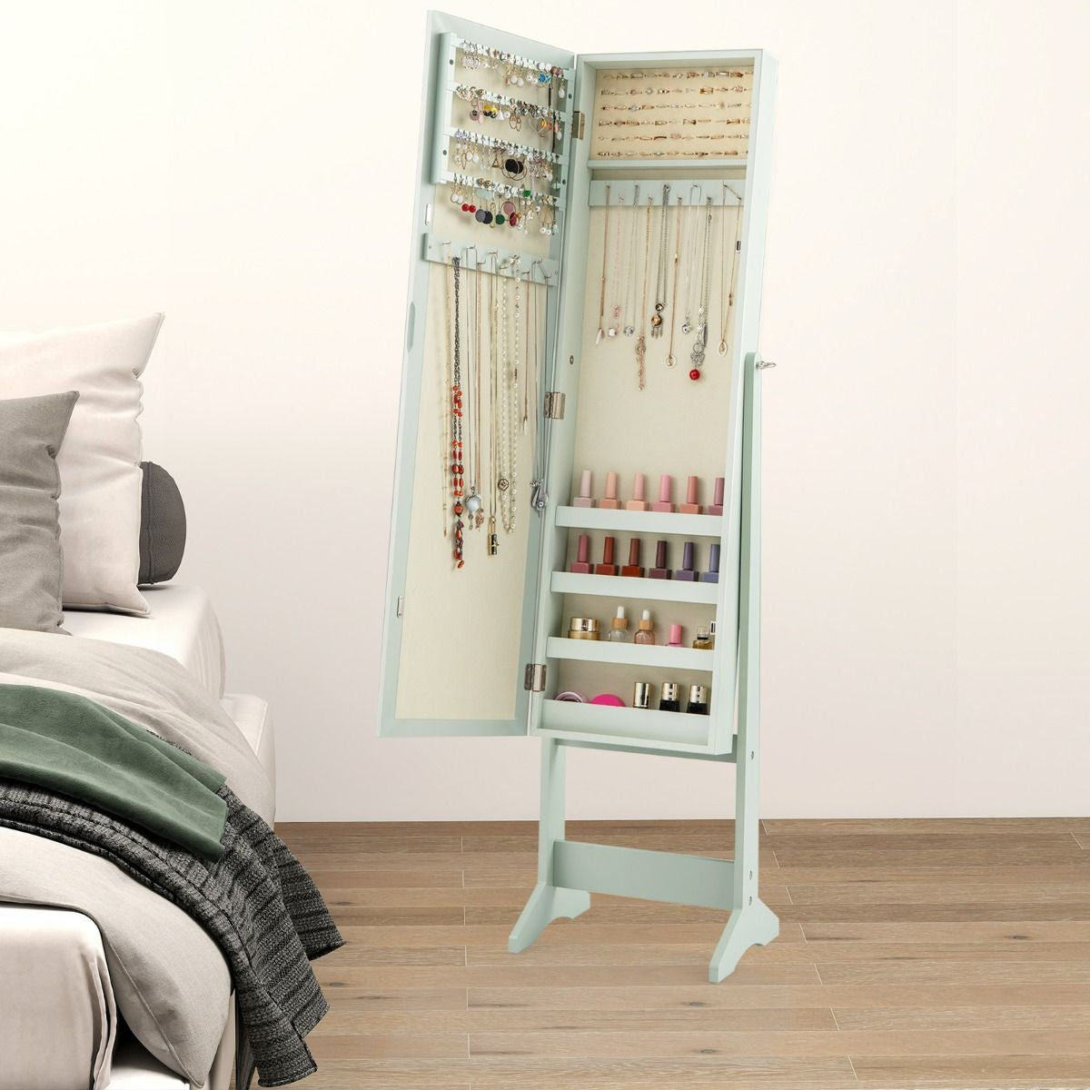 Armoire À Bijoux Sur Pied Avec Miroir Coffre À Bijoux Armoire De Rangement Cosmétiques 3 Positions Réglables 7 Couleurs Au Choix