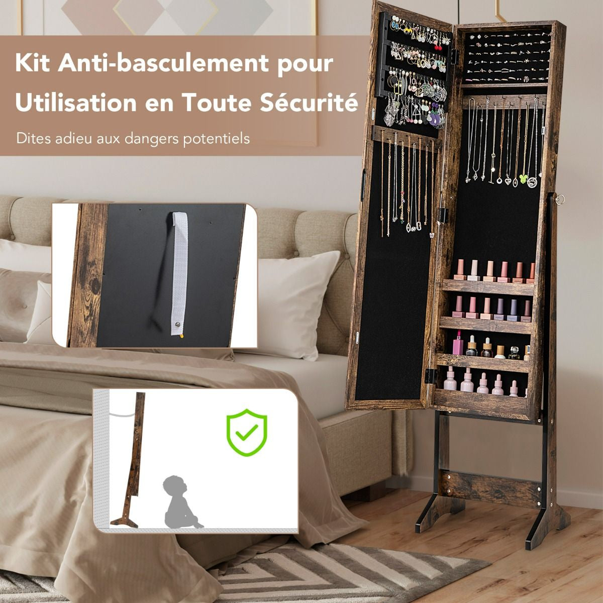 Armoire À Bijoux Sur Pied Avec Miroir Coffre À Bijoux Armoire De Rangement Cosmétiques 3 Positions Réglables 7 Couleurs Au Choix