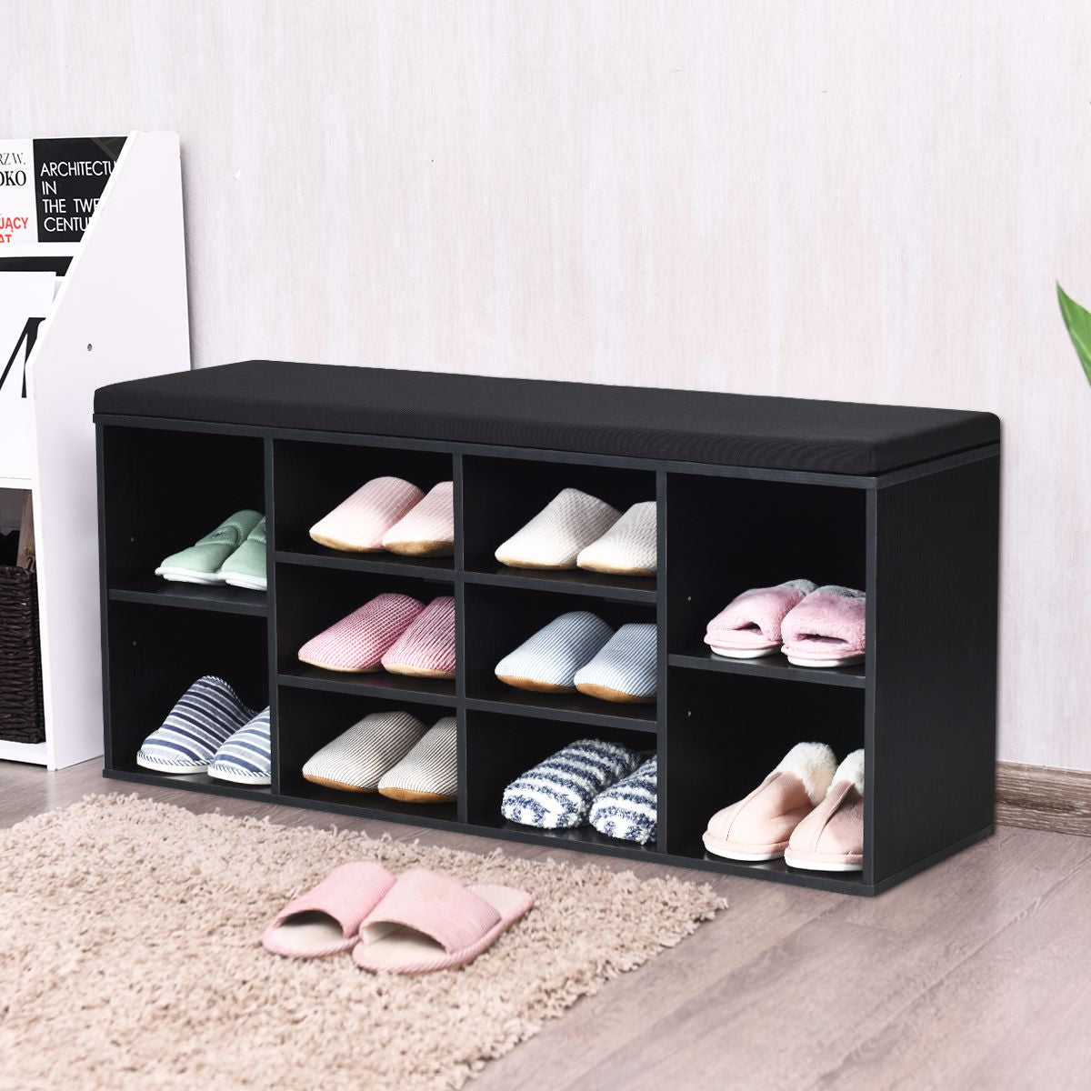 Meuble À Chaussures Banc À Chaussures Avec Coussin Capacité 150 Kg Grand Rangement En Bois 104X30X48 Cm 5 Couleurs Au Choix