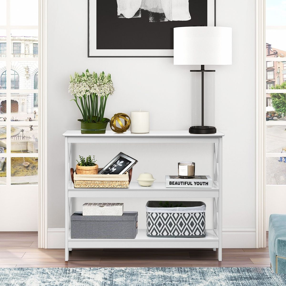 Table Console Table De Canapé Style Industriel 100 X 33 X 80 CM Avec 2 Étagère De Rangement Blanc/Noir/Café