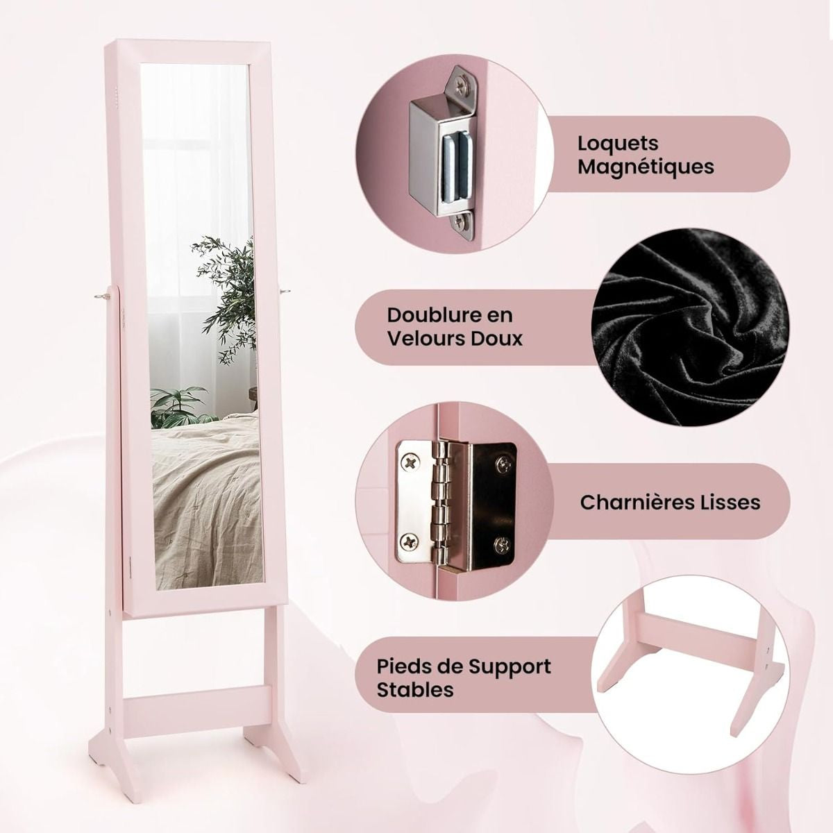Armoire À Bijoux Sur Pied Avec Miroir Coffre À Bijoux Armoire De Rangement Cosmétiques 3 Positions Réglables 7 Couleurs Au Choix