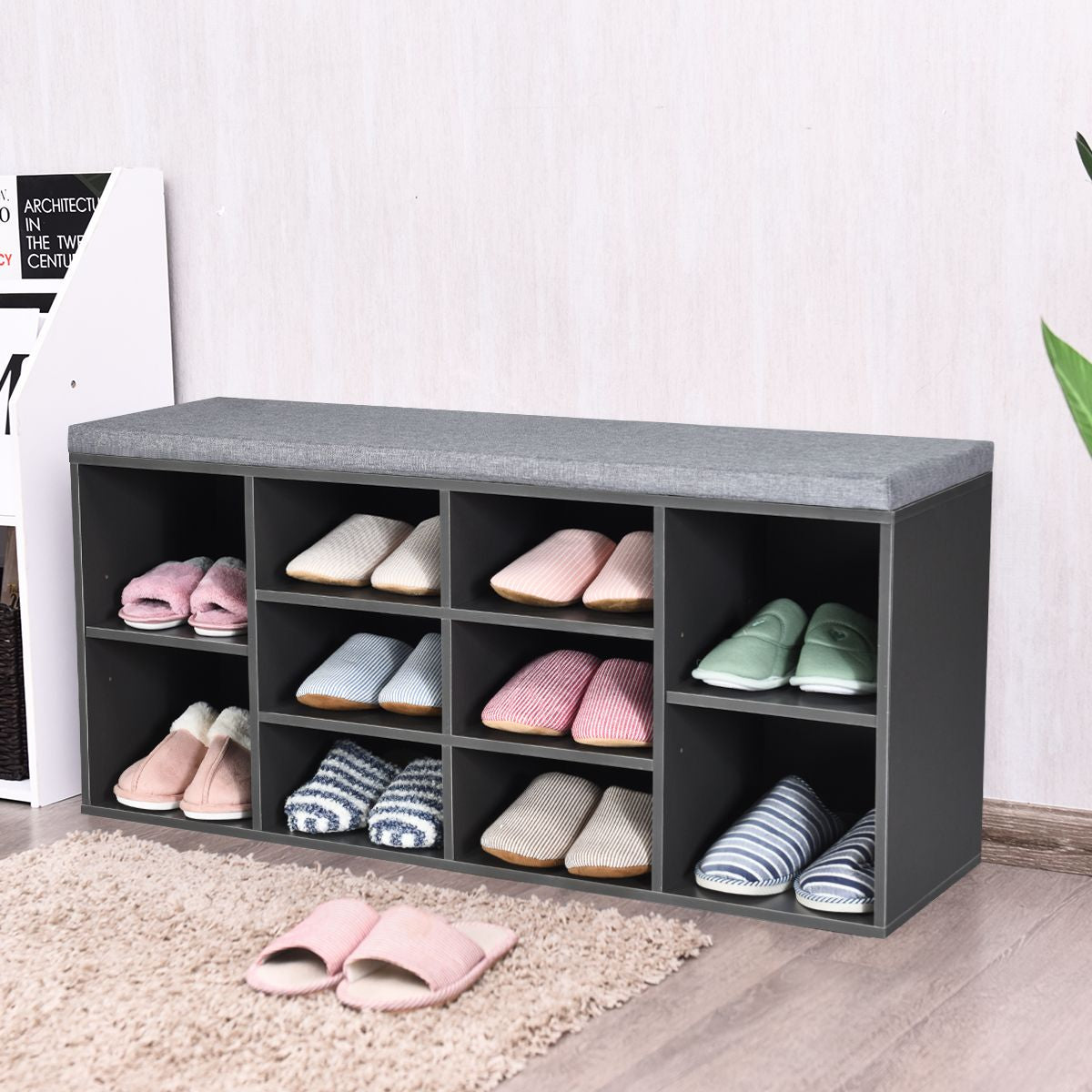 Meuble À Chaussures Banc À Chaussures Avec Coussin Capacité 150 Kg Grand Rangement En Bois 104X30X48 Cm 5 Couleurs Au Choix
