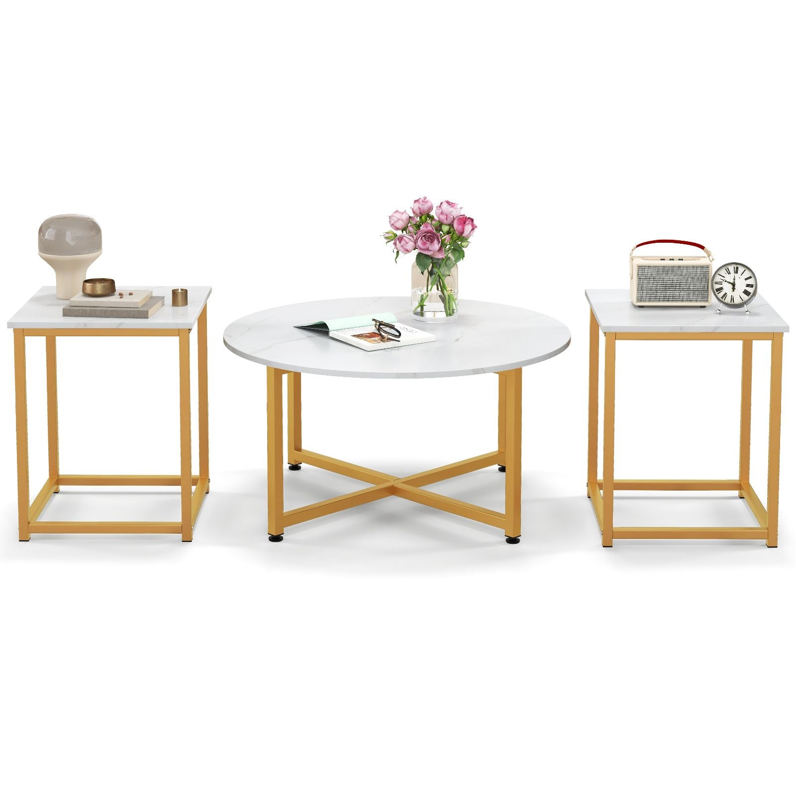Ensemble De Tables Basses 3 Pièces Table Ronde Et 2 Tables D'Appoint Carrées Avec Cadre En Métal Robuste Noyer/Blanc/Gris