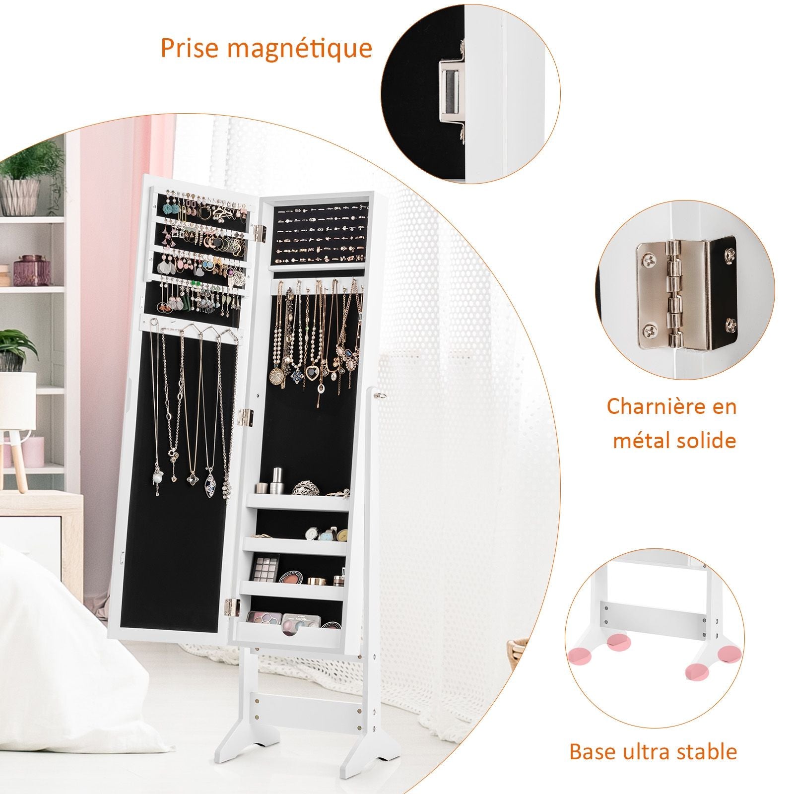 Armoire À Bijoux Sur Pied Avec Miroir Coffre À Bijoux Armoire De Rangement Cosmétiques 3 Positions Réglables 7 Couleurs Au Choix