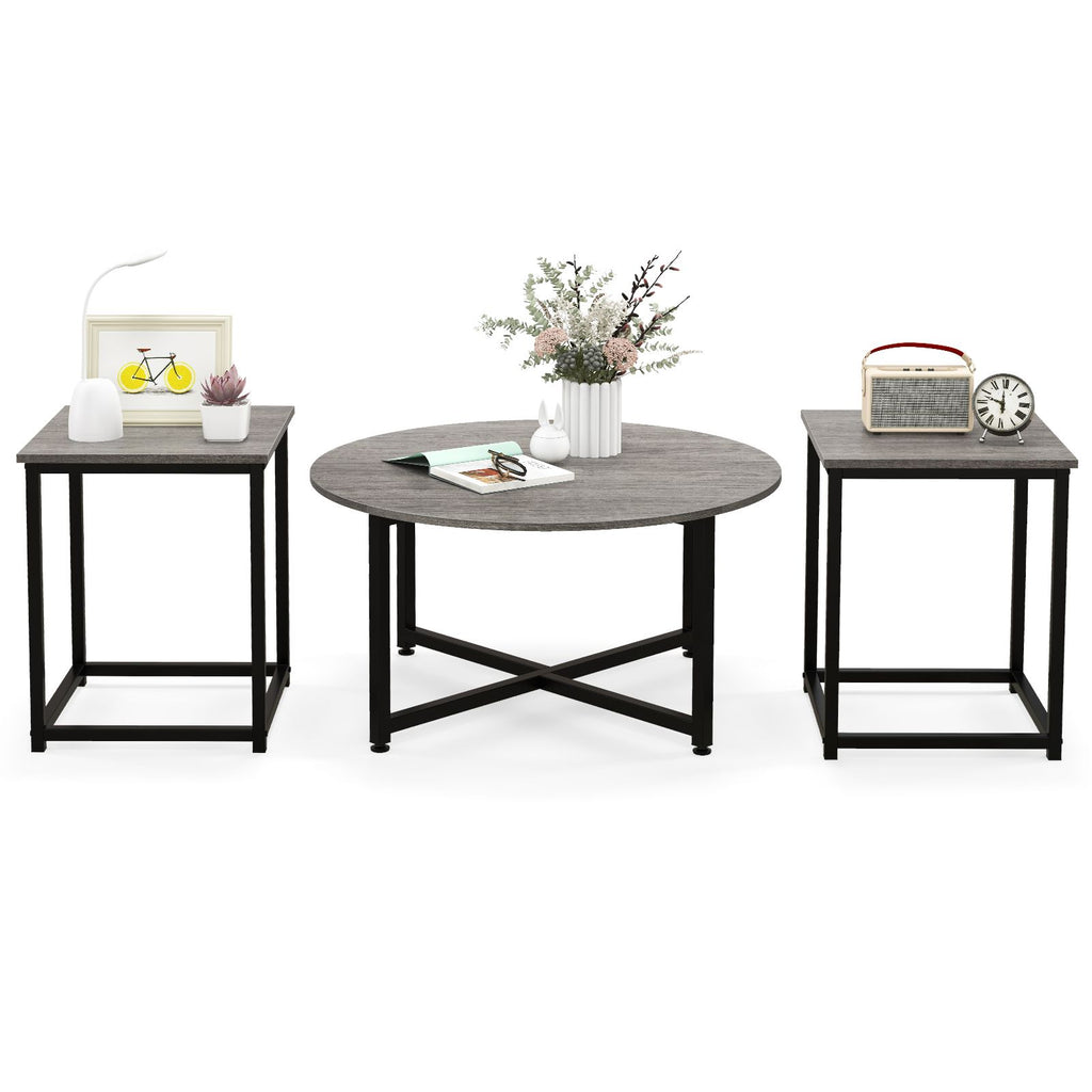 Ensemble De Tables Basses 3 Pièces Table Ronde Et 2 Tables D'Appoint Carrées Avec Cadre En Métal Robuste Noyer/Blanc/Gris