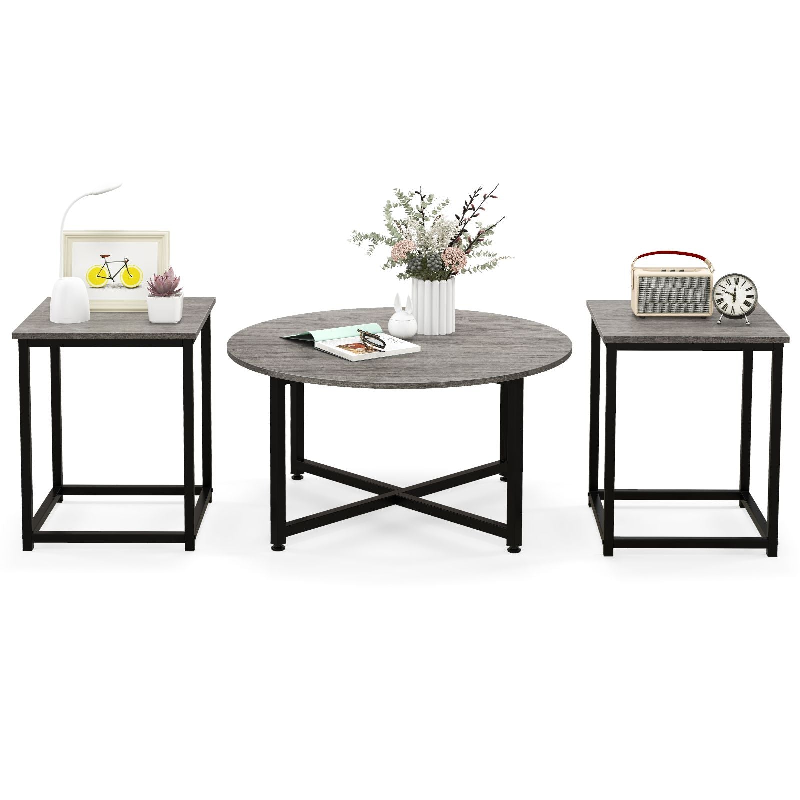 Ensemble De Tables Basses 3 Pièces Table Ronde Et 2 Tables D'Appoint Carrées Avec Cadre En Métal Robuste Noyer/Blanc/Gris