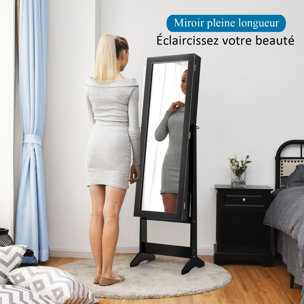 Armoire À Bijoux Sur Pied Avec Miroir Coffre À Bijoux Armoire De Rangement Cosmétiques 3 Positions Réglables 7 Couleurs Au Choix