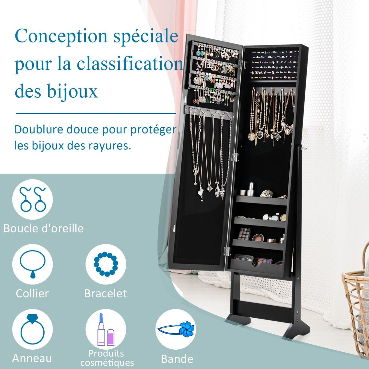 Armoire À Bijoux Sur Pied Avec Miroir Coffre À Bijoux Armoire De Rangement Cosmétiques 3 Positions Réglables 7 Couleurs Au Choix
