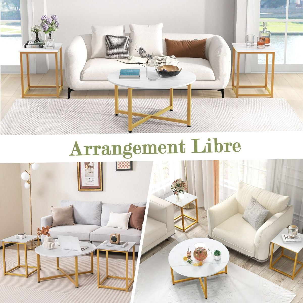 Ensemble De Tables Basses 3 Pièces Table Ronde Et 2 Tables D'Appoint Carrées Avec Cadre En Métal Robuste Noyer/Blanc/Gris