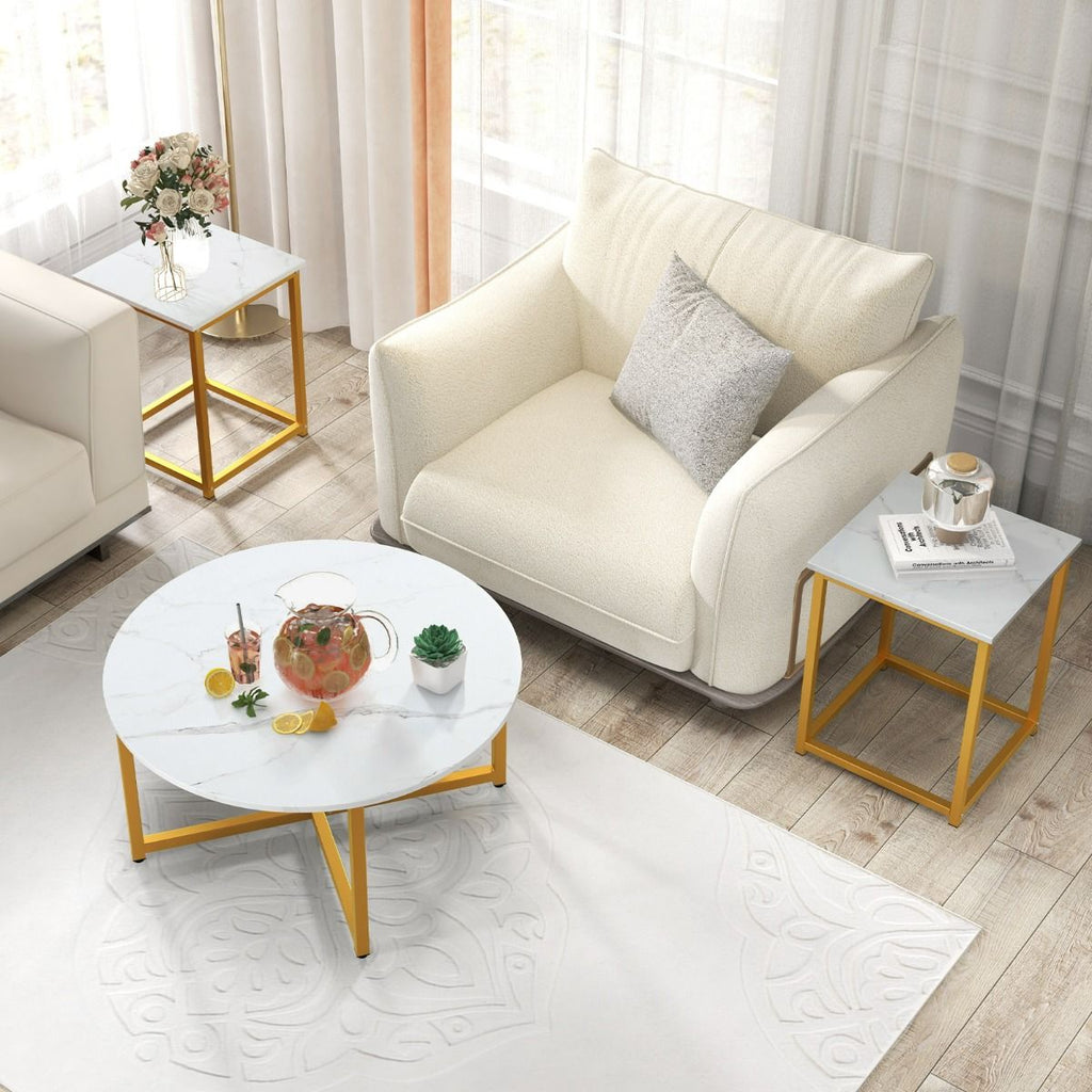 Ensemble De Tables Basses 3 Pièces Table Ronde Et 2 Tables D'Appoint Carrées Avec Cadre En Métal Robuste Noyer/Blanc/Gris