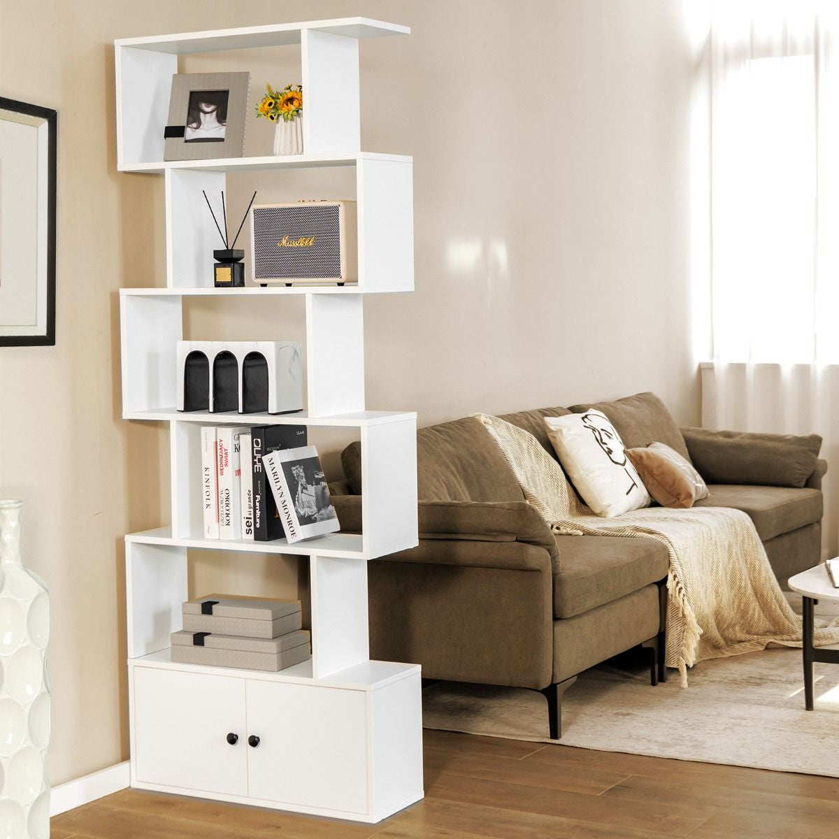 Bibliothèque Étagère Échelle En Bois À 6 Niveaux Avec 2 Portes 70X23X183 Cm Style Moderne Forme En S Marron Rustique/Blanc/Noir