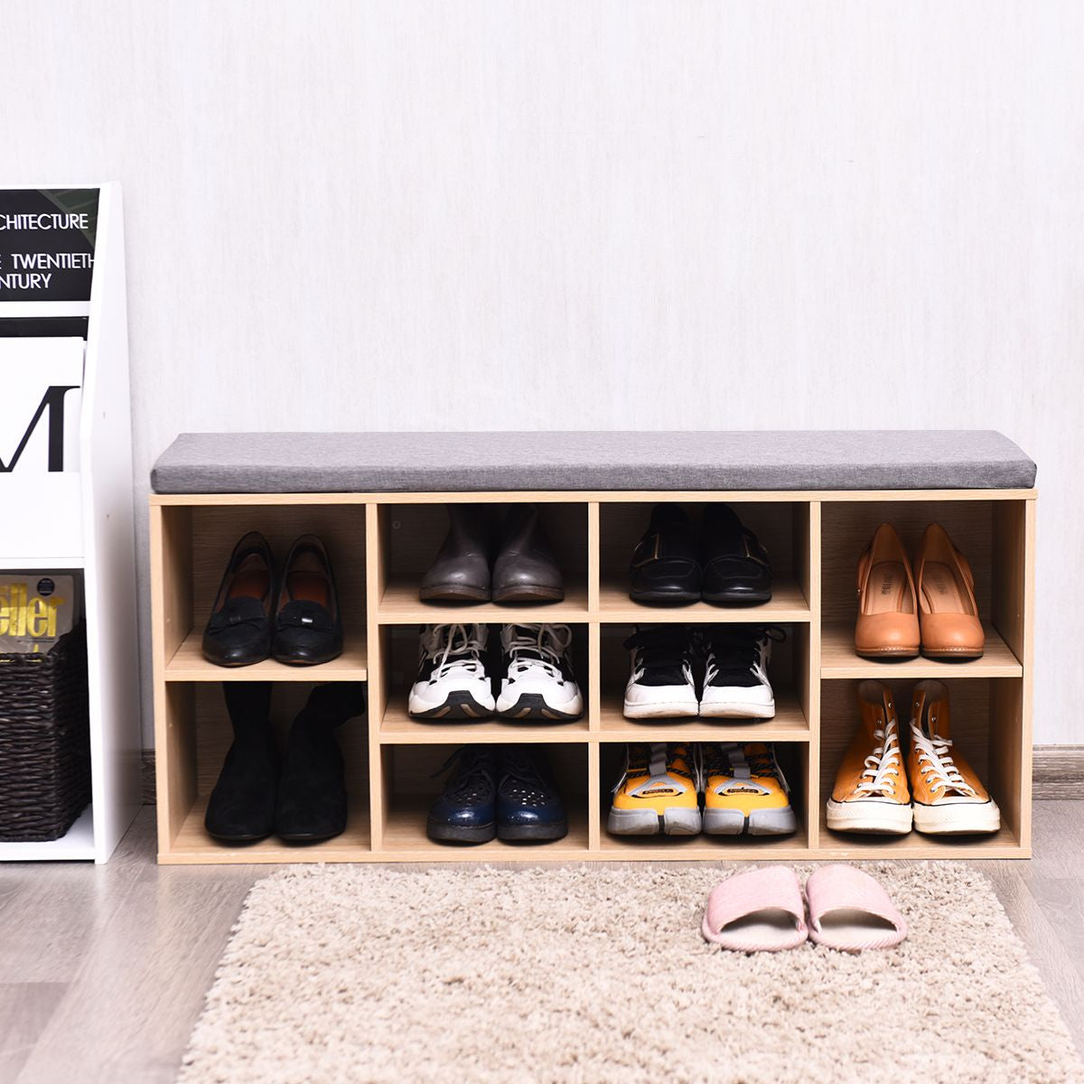 Meuble À Chaussures Banc À Chaussures Avec Coussin Capacité 150 Kg Grand Rangement En Bois 104X30X48 Cm 5 Couleurs Au Choix