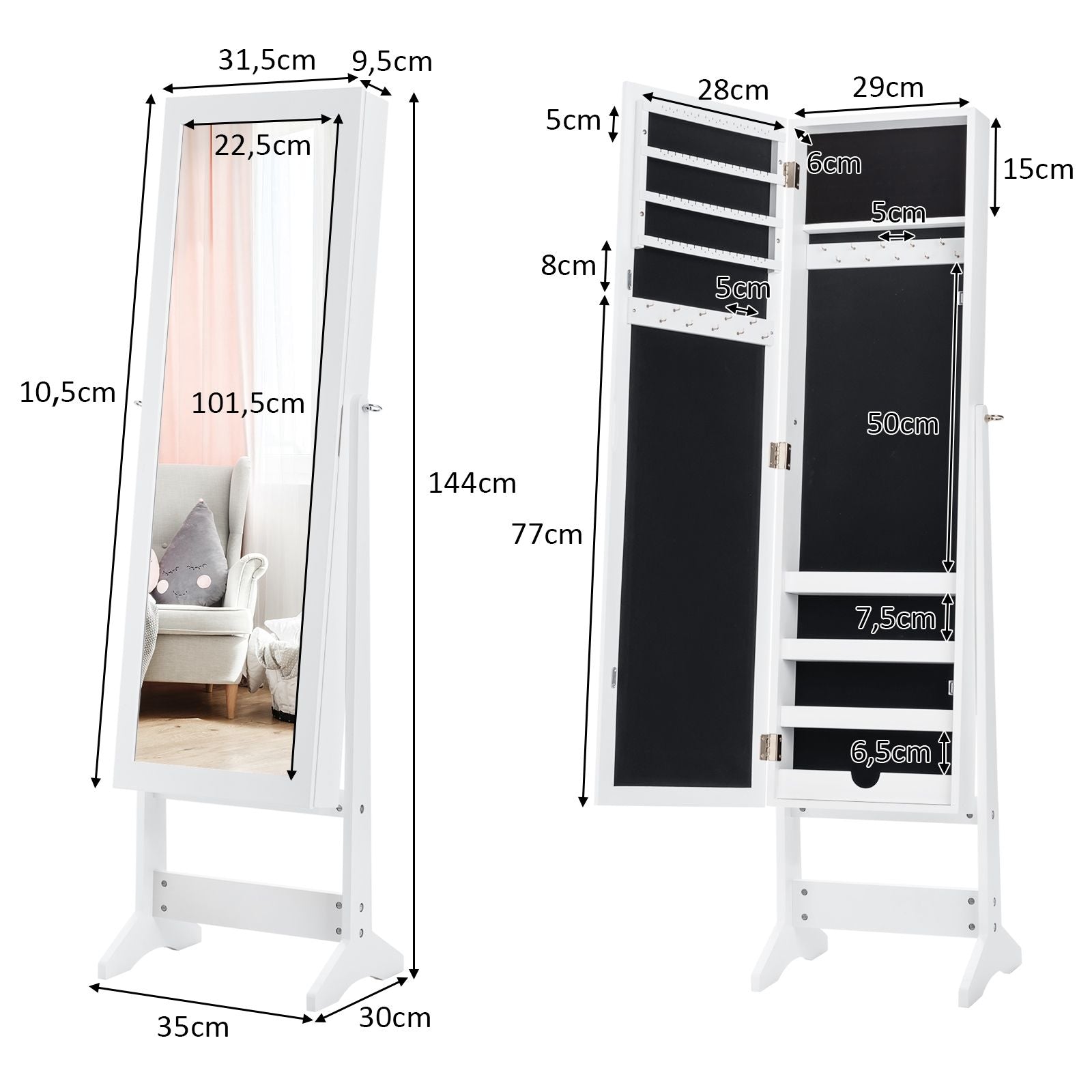 Armoire À Bijoux Sur Pied Avec Miroir Coffre À Bijoux Armoire De Rangement Cosmétiques 3 Positions Réglables 7 Couleurs Au Choix
