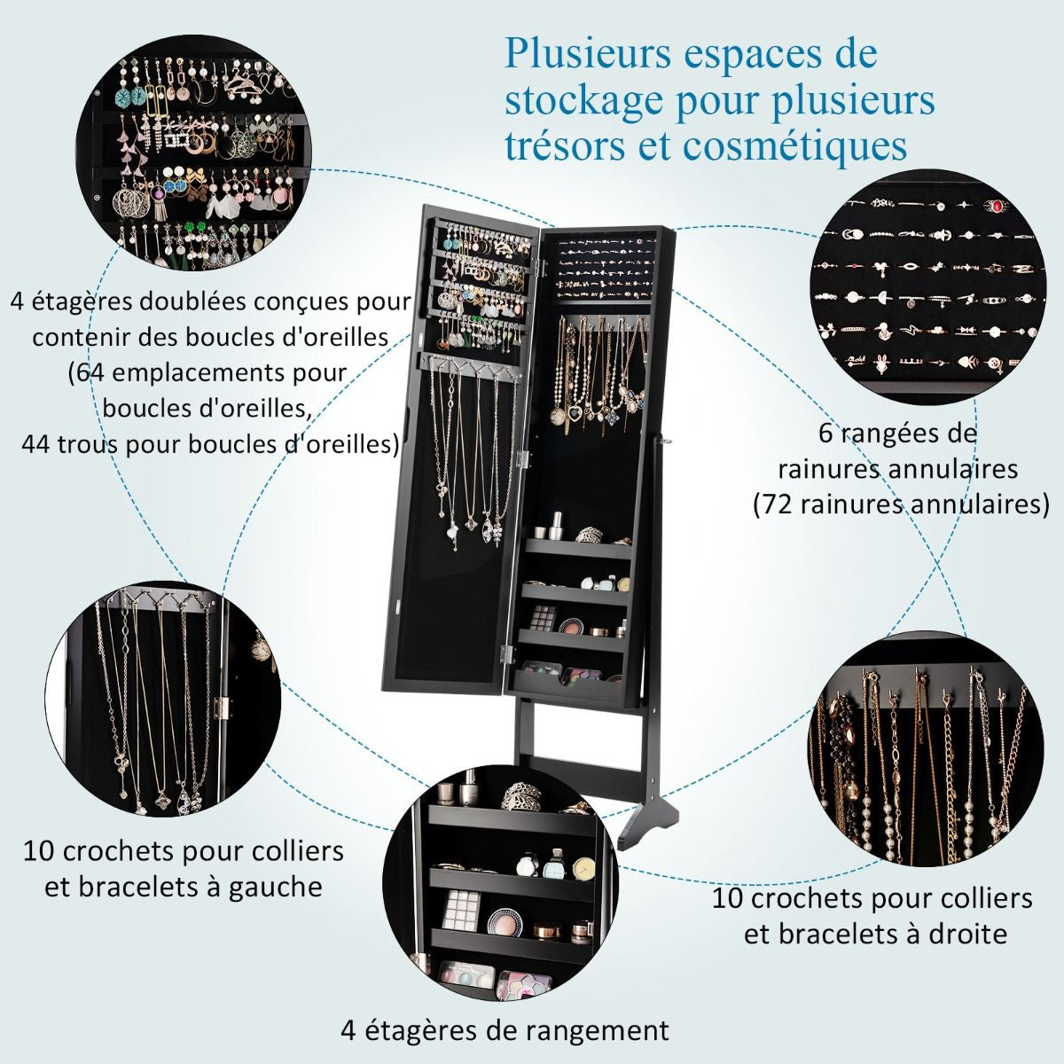 Armoire À Bijoux Sur Pied Avec Miroir Coffre À Bijoux Armoire De Rangement Cosmétiques 3 Positions Réglables 7 Couleurs Au Choix