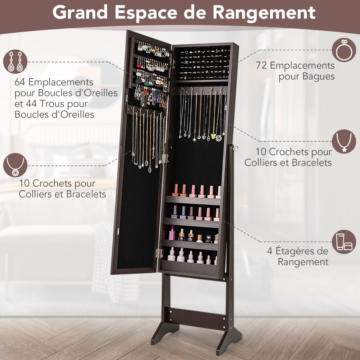 Armoire À Bijoux Sur Pied Avec Miroir Coffre À Bijoux Armoire De Rangement Cosmétiques 3 Positions Réglables 7 Couleurs Au Choix