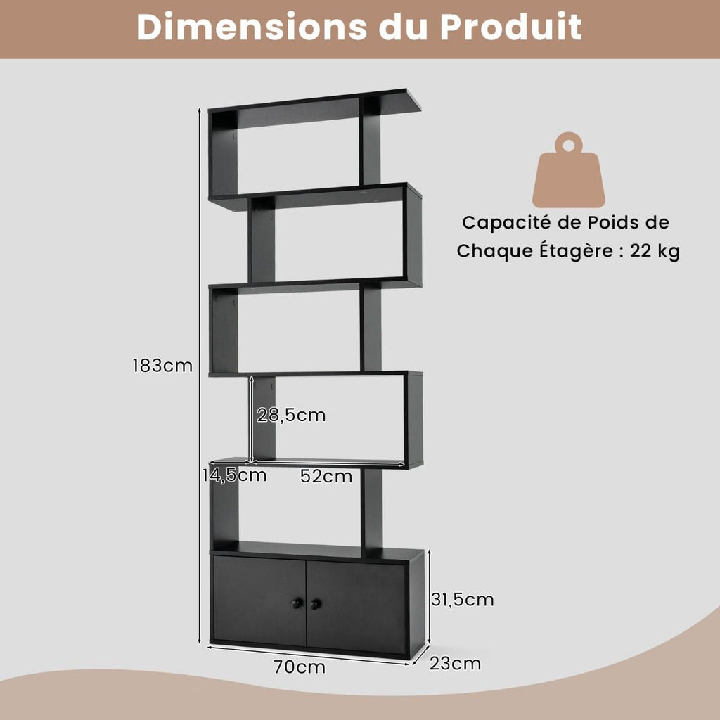 Bibliothèque Étagère Échelle En Bois À 6 Niveaux Avec 2 Portes 70X23X183 Cm Style Moderne Forme En S Marron Rustique/Blanc/Noir
